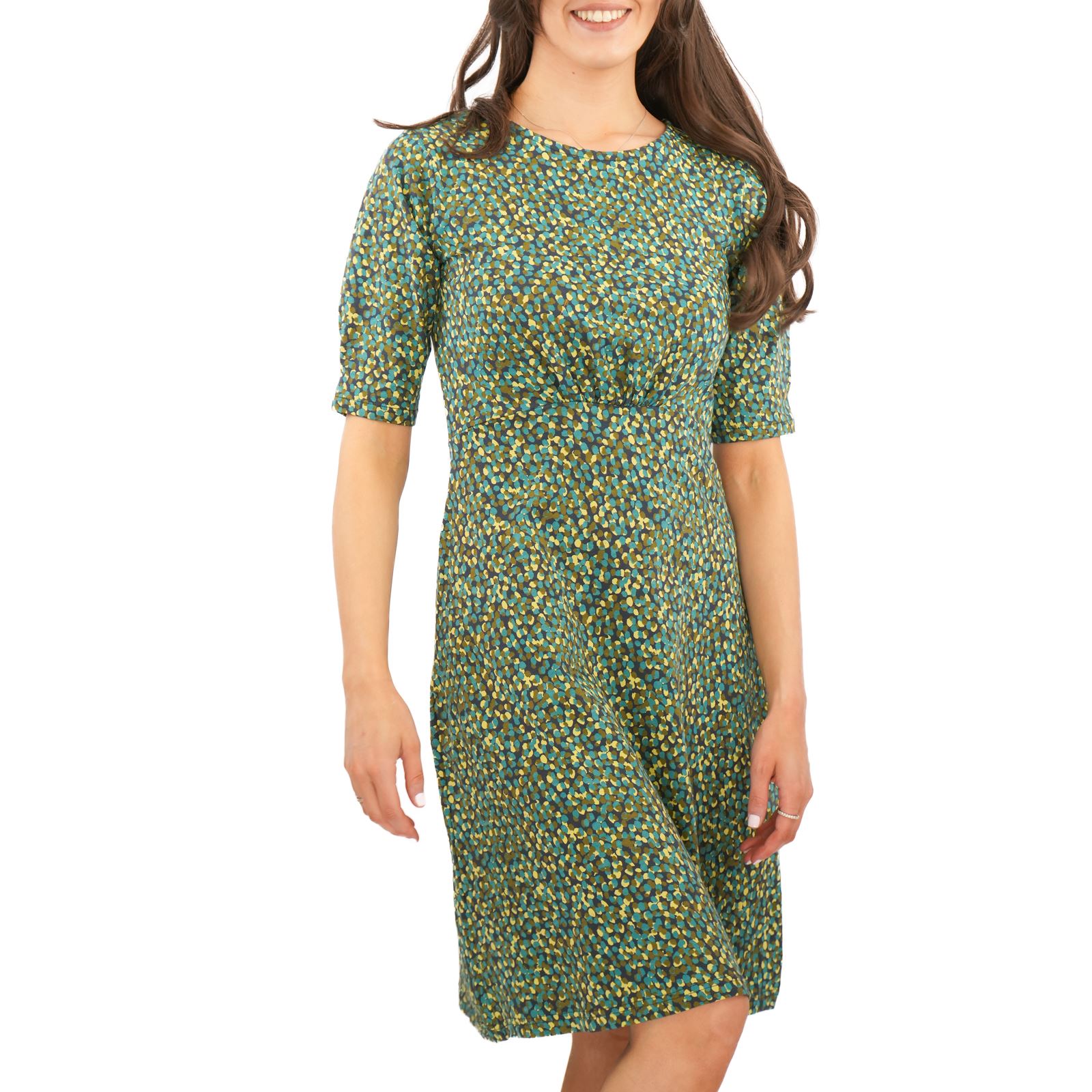 Womens Weird Fish Cassandra Swing Dress Green Pink Cotton Jersey 3/4 Sleeve - Picture 17 of 20
