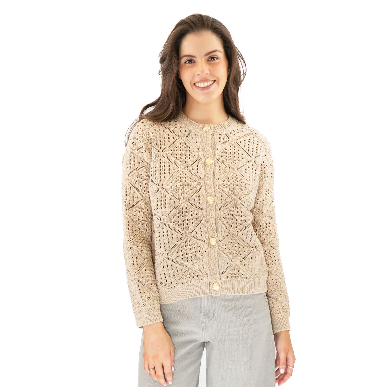 Womens M&S Pointelle Knitted Beige Cardgian Gold Button Up Cotton Blend Layering - Picture 4 of 13