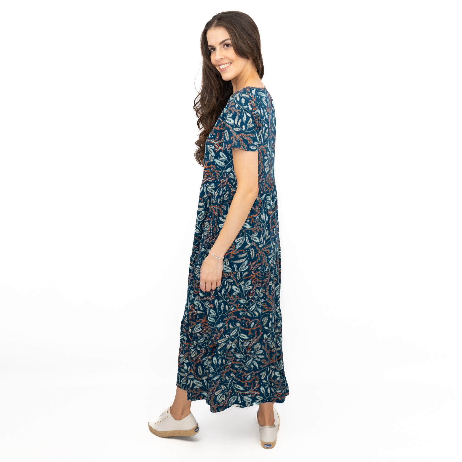 Womens Seasalt Teal Green Dress Line Strokes Floral Midi Cotton Short Sleeve - Picture 21 of 29