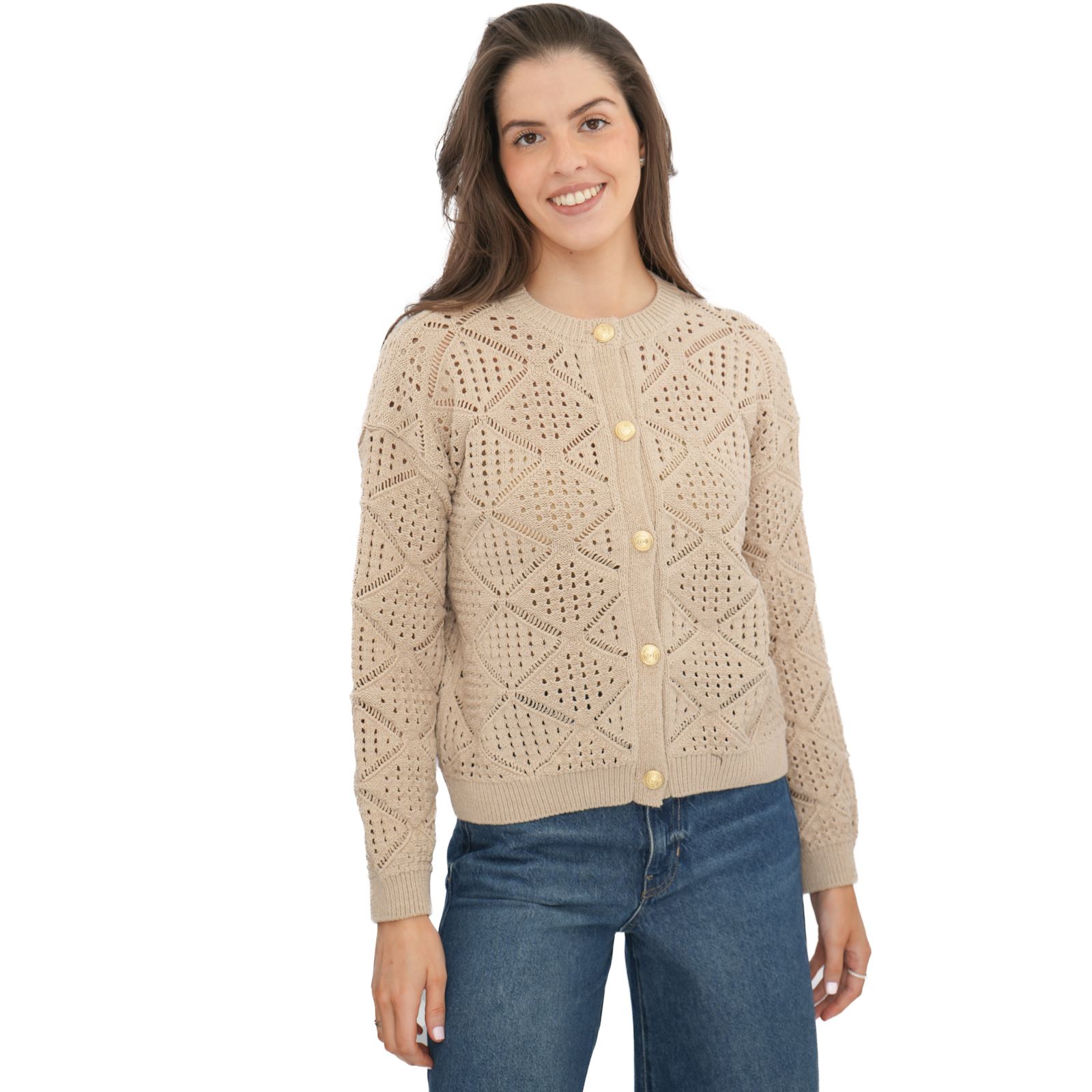 Womens M&S Pointelle Knitted Beige Cardgian Gold Button Up Cotton Blend Layering - Picture 13 of 13