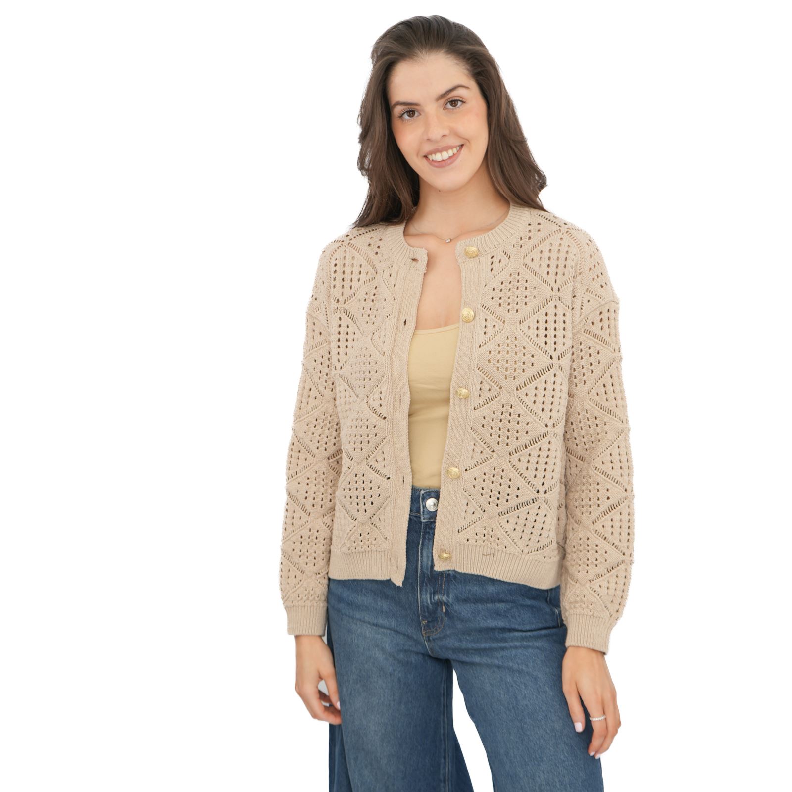 Womens M&S Pointelle Knitted Beige Cardgian Gold Button Up Cotton Blend Layering - Picture 9 of 13