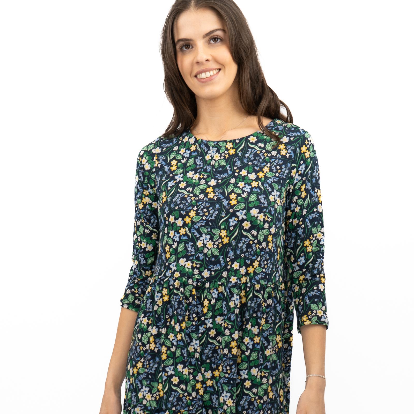 Womens Seasalt Navy Floral Dress Tiered Line Strokes Midi Short Sleeve