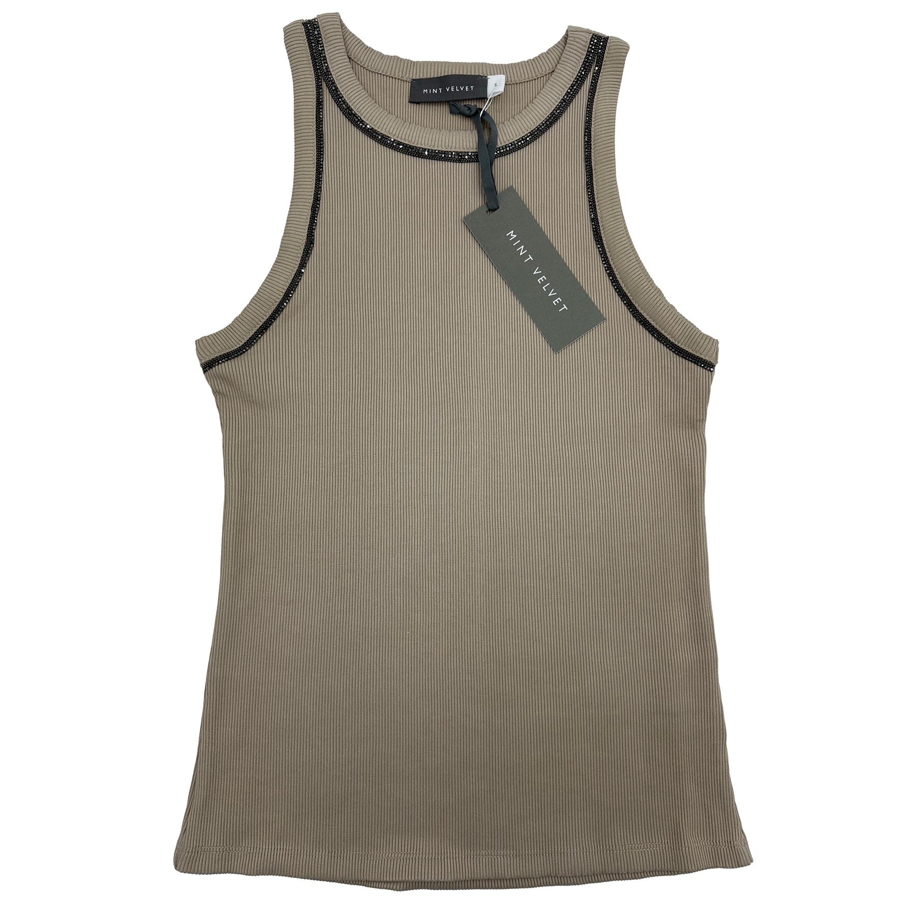 Mint Velvet Womens Vest Top Ribbed Embellished High Neck Black Stone Layering