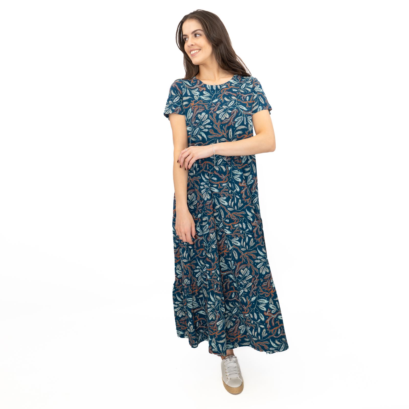 Womens Seasalt Teal Green Dress Line Strokes Floral Midi Cotton Short Sleeve - Picture 6 of 29