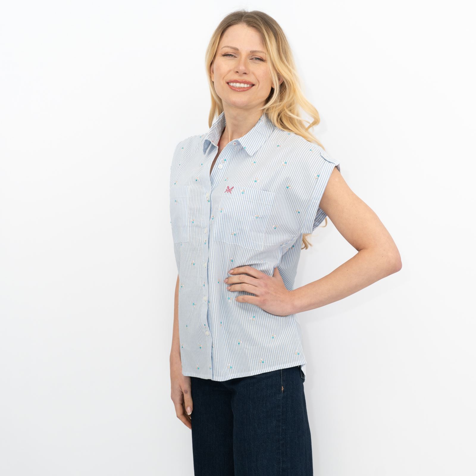 CREW CLOTHING Womens Striped Shirt Top Blouse Pink Blue Short Sleeve Embroidered