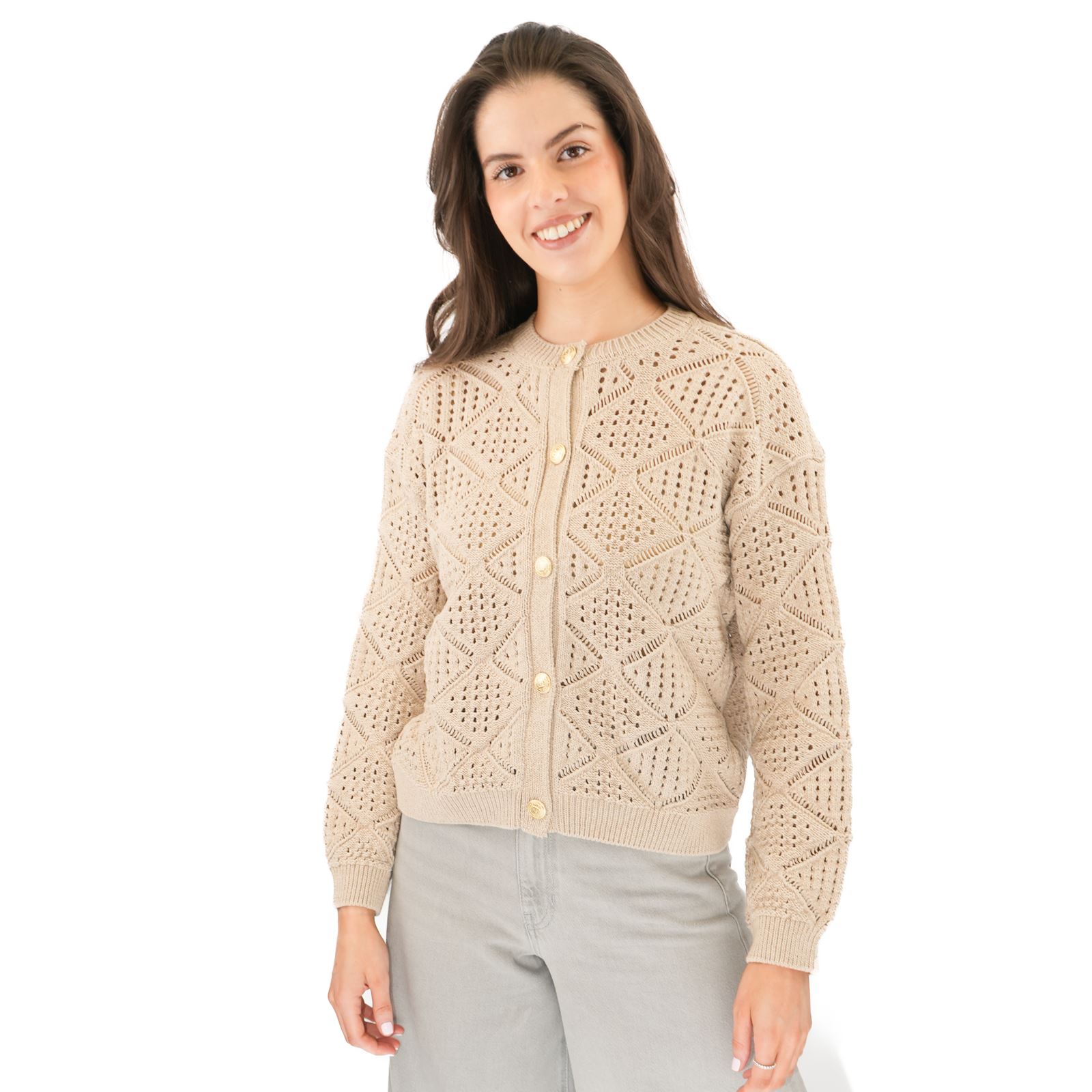 Womens M&S Pointelle Knitted Beige Cardgian Gold Button Up Cotton Blend Layering - Picture 6 of 13