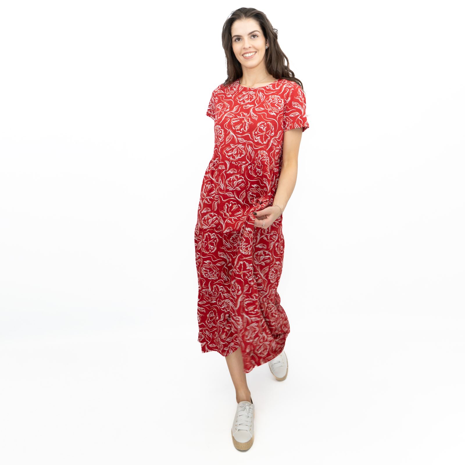 Womens Seasalt Red Floral Dress Line Strokes Midi Organic Cotton Short-Sleeve - Picture 4 of 29