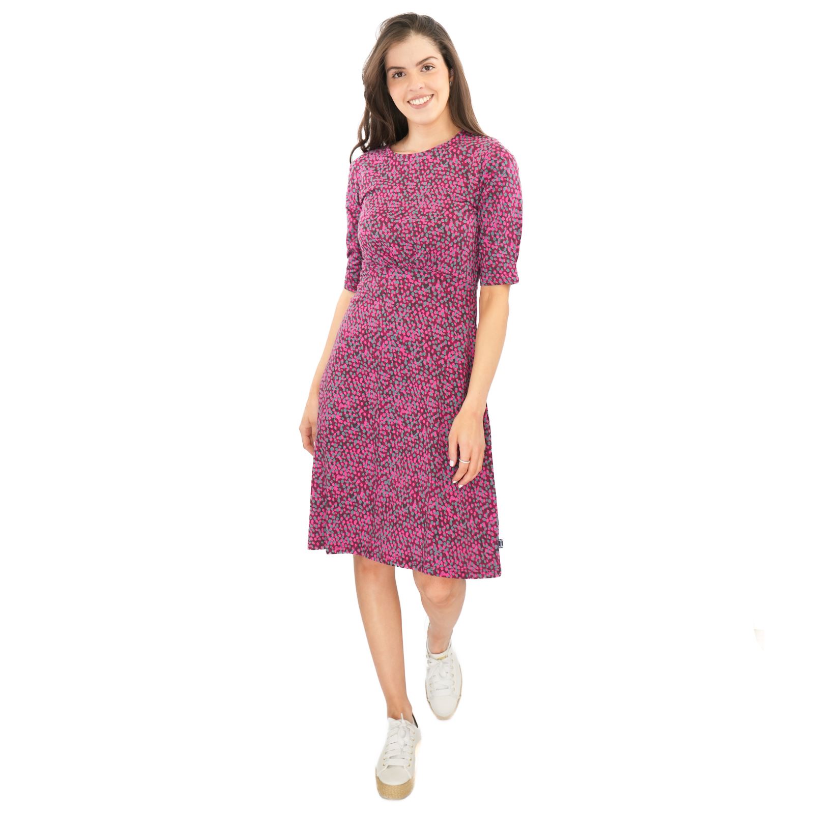 Womens Weird Fish Cassandra Swing Dress Green Pink Cotton Jersey 3/4 Sleeve - Picture 9 of 20