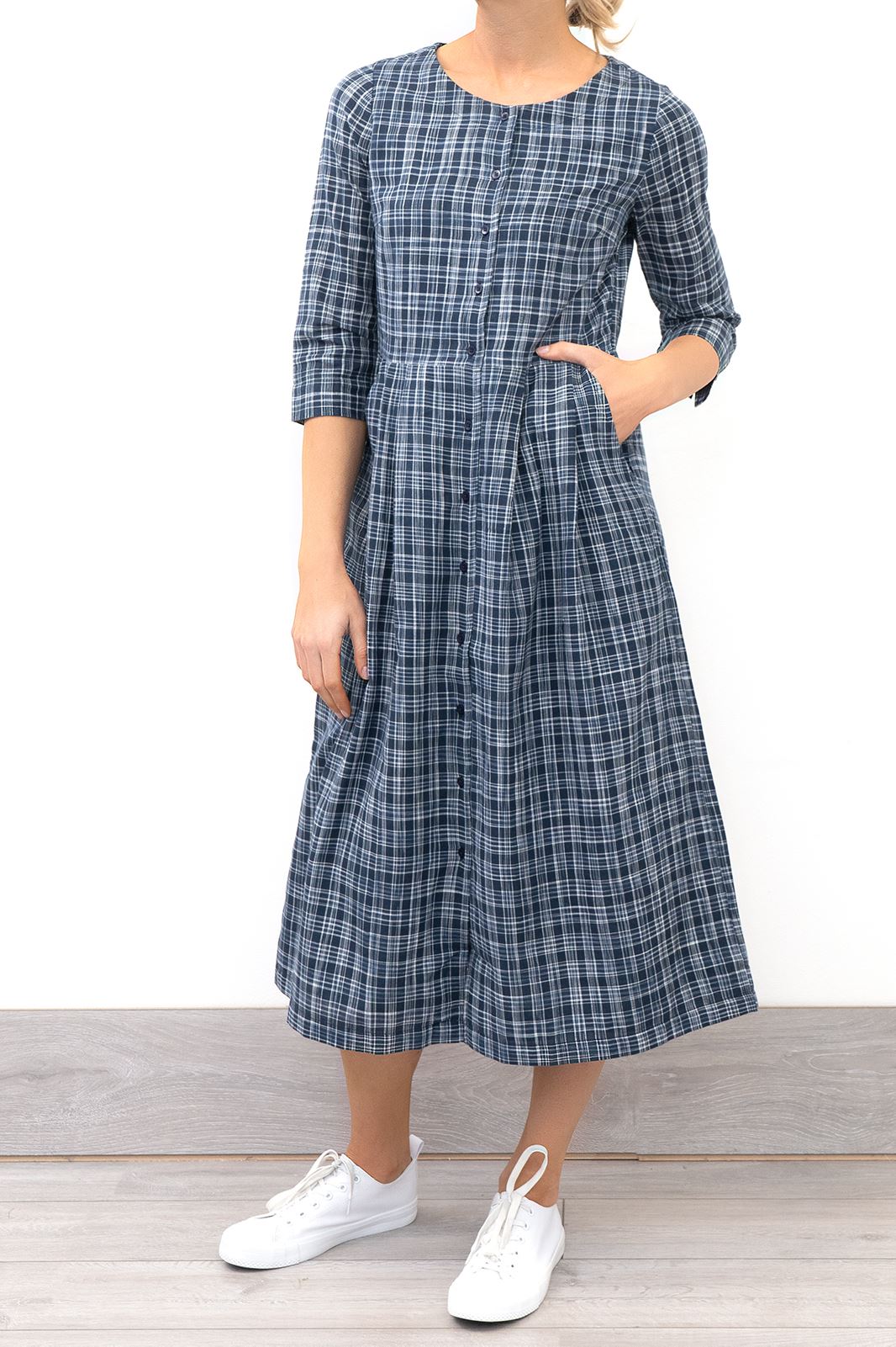WOMENS SEASALT DRESS Navy Blue Check Inner Sky Button Up Midi Size 10