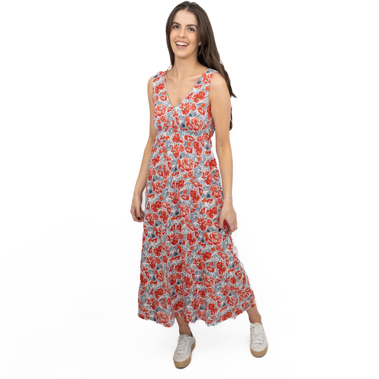 Womens Seasalt Red Grey Floral Dress Polmanter Maxi Organic Cotton Sleeveless - Picture 20 of 20