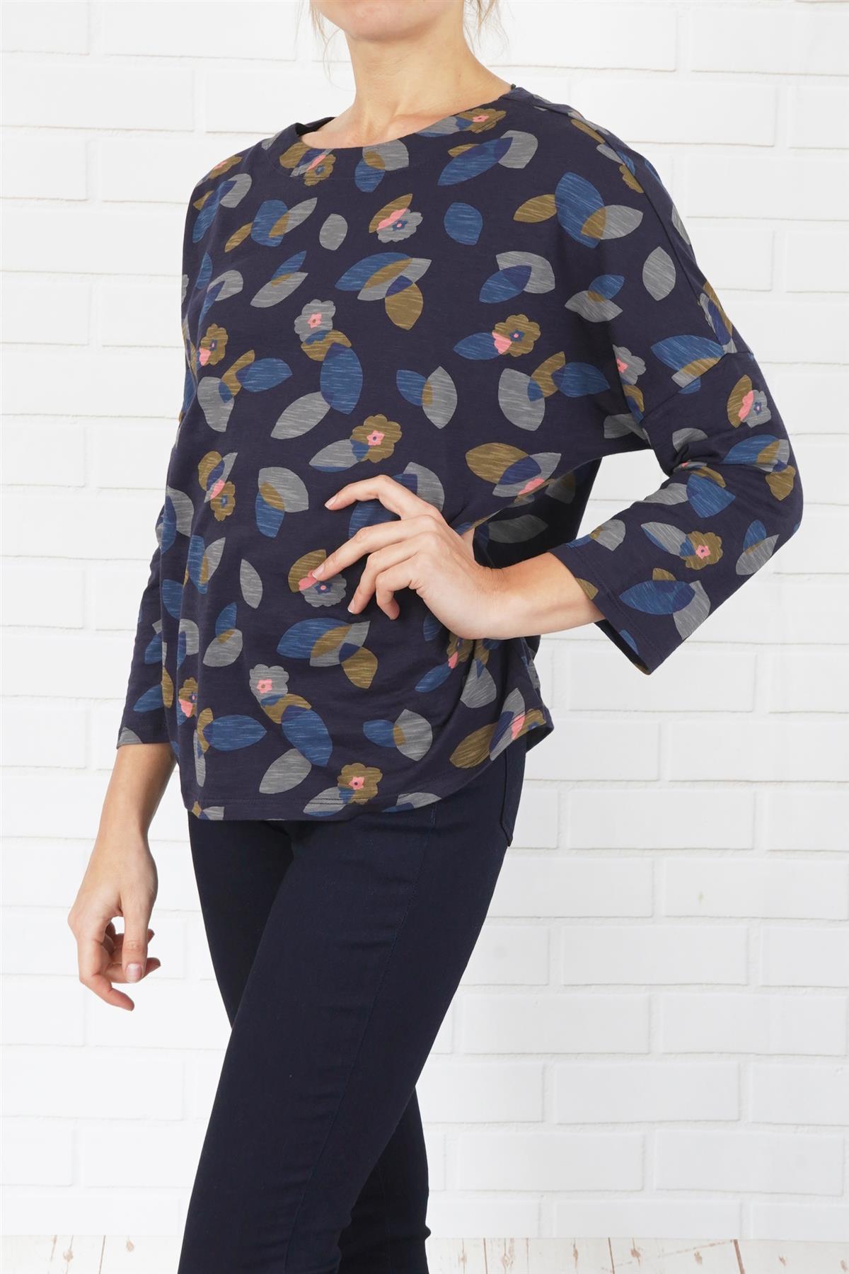 SEASALT Womens Navy Floral Marsh Marigold Top Paper Cut Foliage Cotton