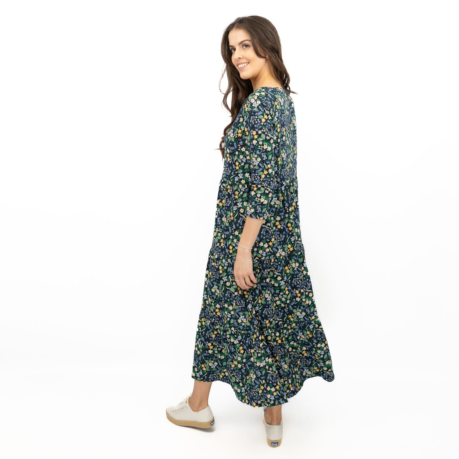 Womens Seasalt Navy Floral Dress Tiered Line Strokes Midi Short Sleeve - Picture 20 of 20