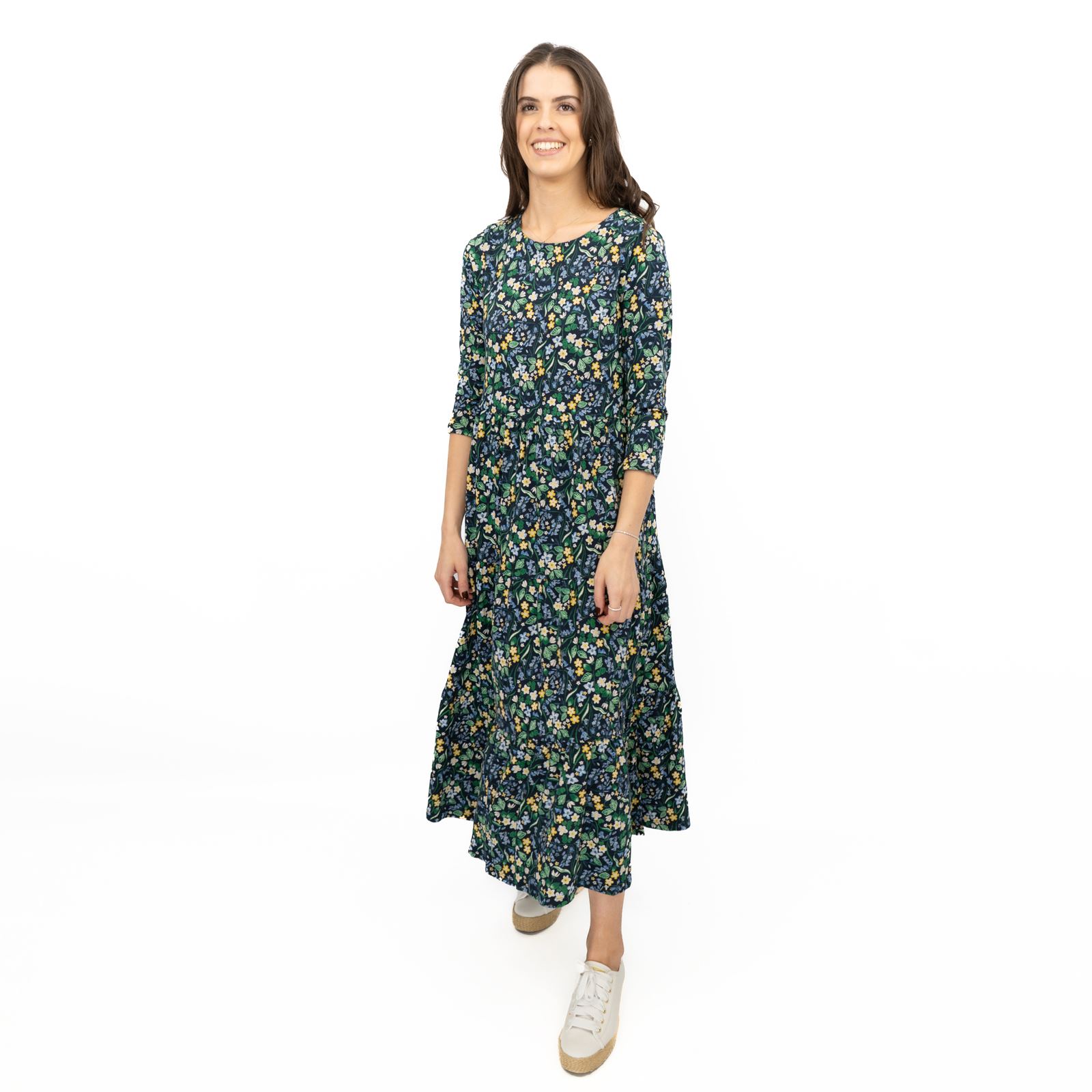 Womens Seasalt Navy Floral Dress Tiered Line Strokes Midi Short Sleeve - Picture 13 of 20