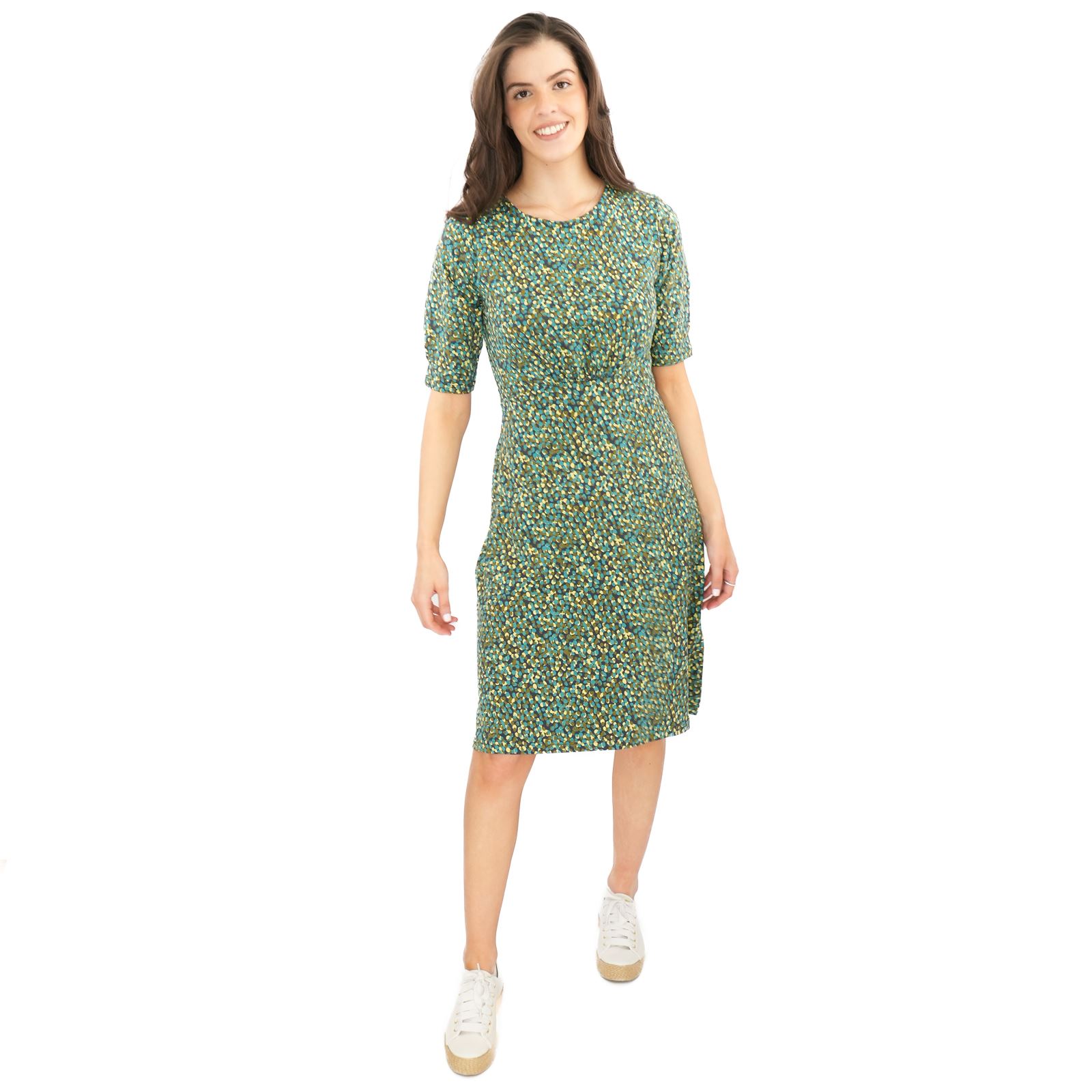 Womens Weird Fish Cassandra Swing Dress Green Pink Cotton Jersey 3/4 Sleeve - Picture 15 of 20