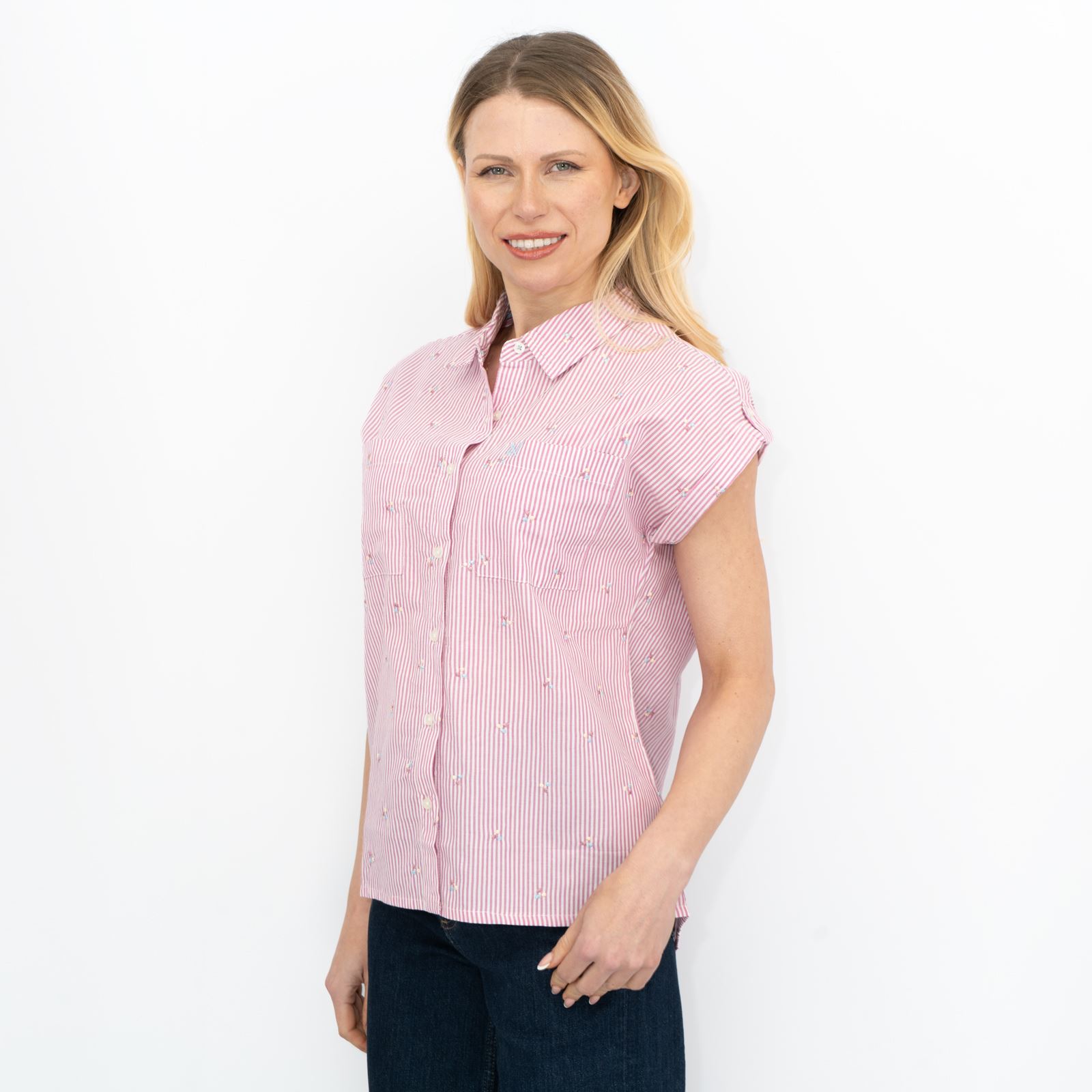 CREW CLOTHING Womens Striped Shirt Top Blouse Pink Blue Short Sleeve Embroidered - Picture 19 of 26