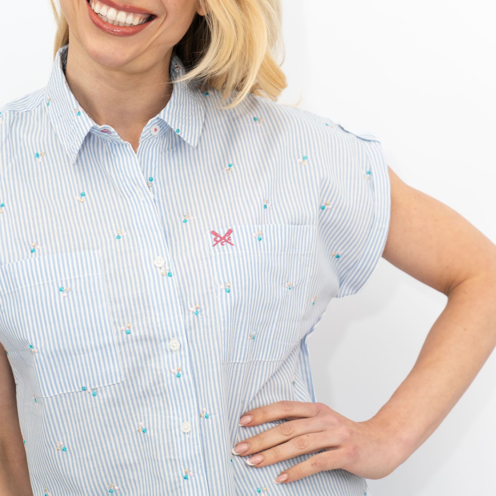 CREW CLOTHING Womens Striped Shirt Top Blouse Pink Blue Short Sleeve Embroidered - Picture 16 of 26