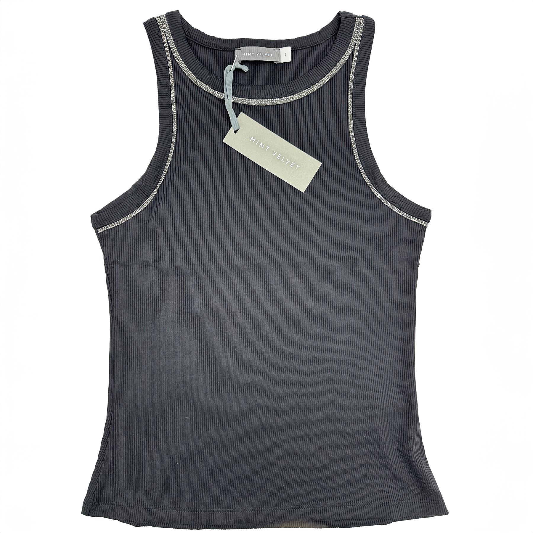 Mint Velvet Womens Vest Top Ribbed Embellished High Neck Black Stone Layering - Picture 23 of 31