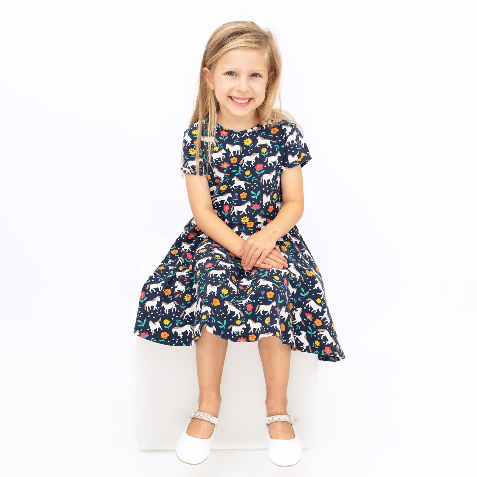 frugi perfect day skater dress Frugi Girls Dress Skater Indigo Navy Wild Horses Pretty Cotton Short Sleeve