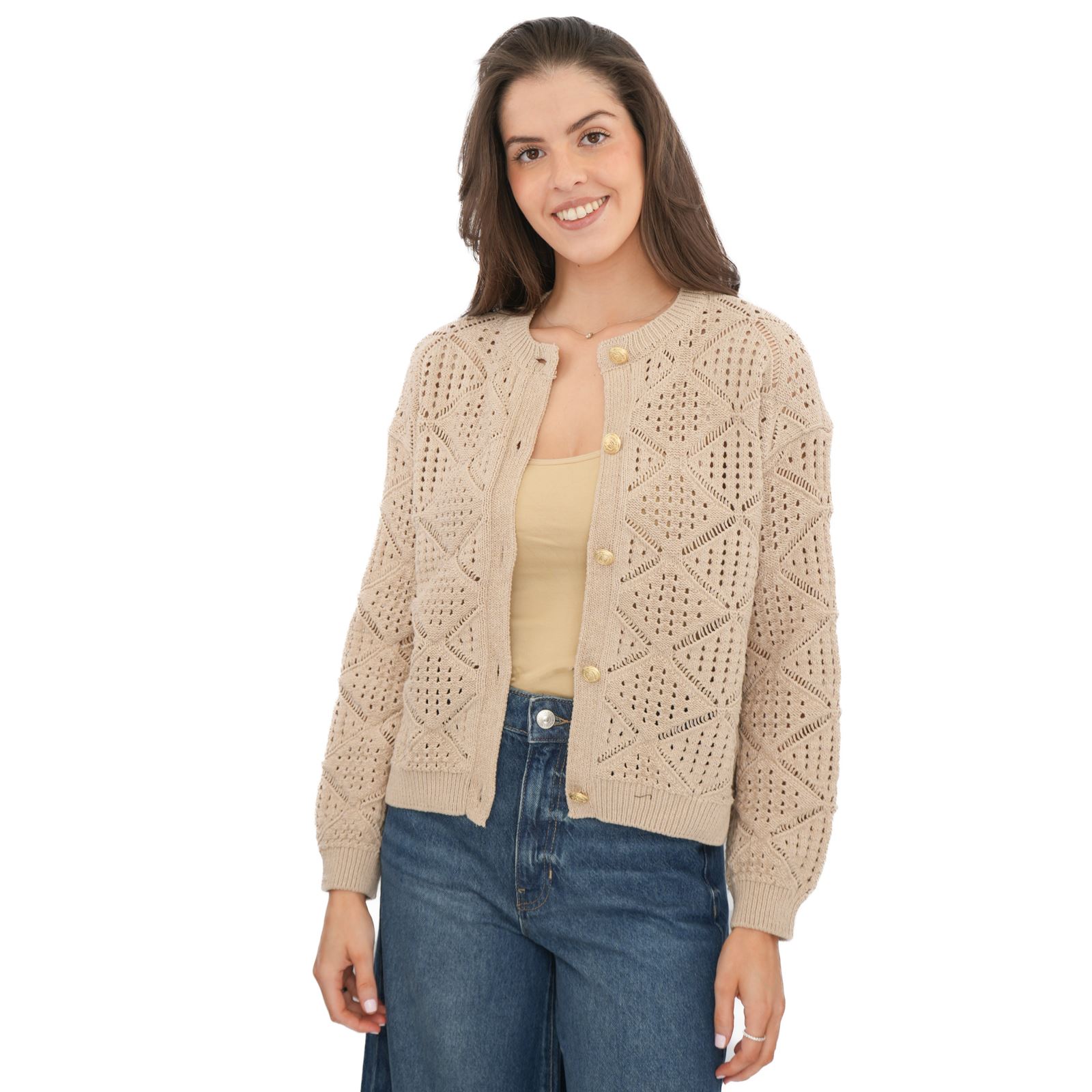 Womens M&S Pointelle Knitted Beige Cardgian Gold Button Up Cotton Blend Layering - Picture 7 of 13