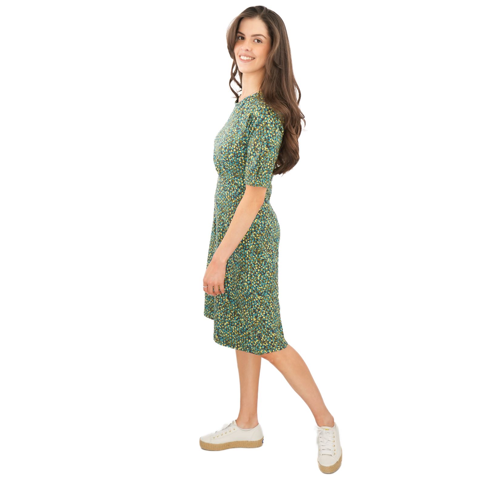 Womens Weird Fish Cassandra Swing Dress Green Pink Cotton Jersey 3/4 Sleeve - Picture 19 of 20