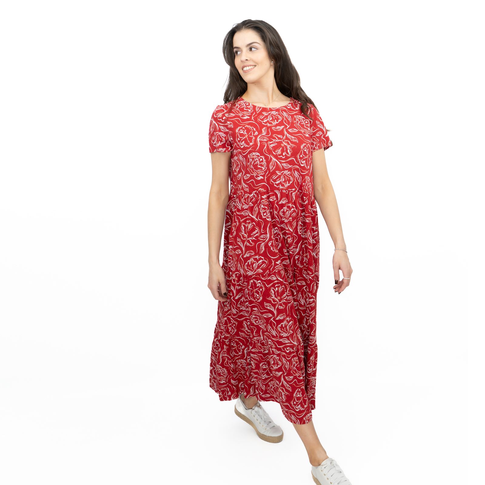Womens Seasalt Red Floral Dress Line Strokes Midi Organic Cotton Short-Sleeve - Picture 22 of 29
