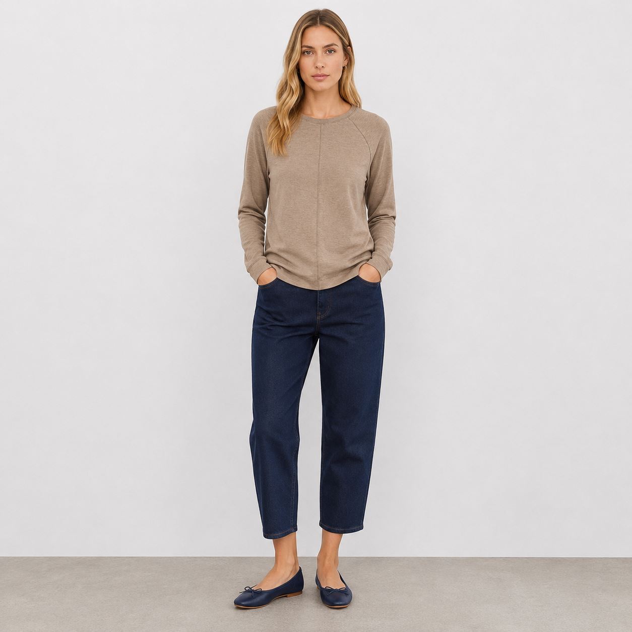 Jaeger Womens Seam Detail Top Long Sleeve Jersey Crew Neck Stretch Ivory Navy