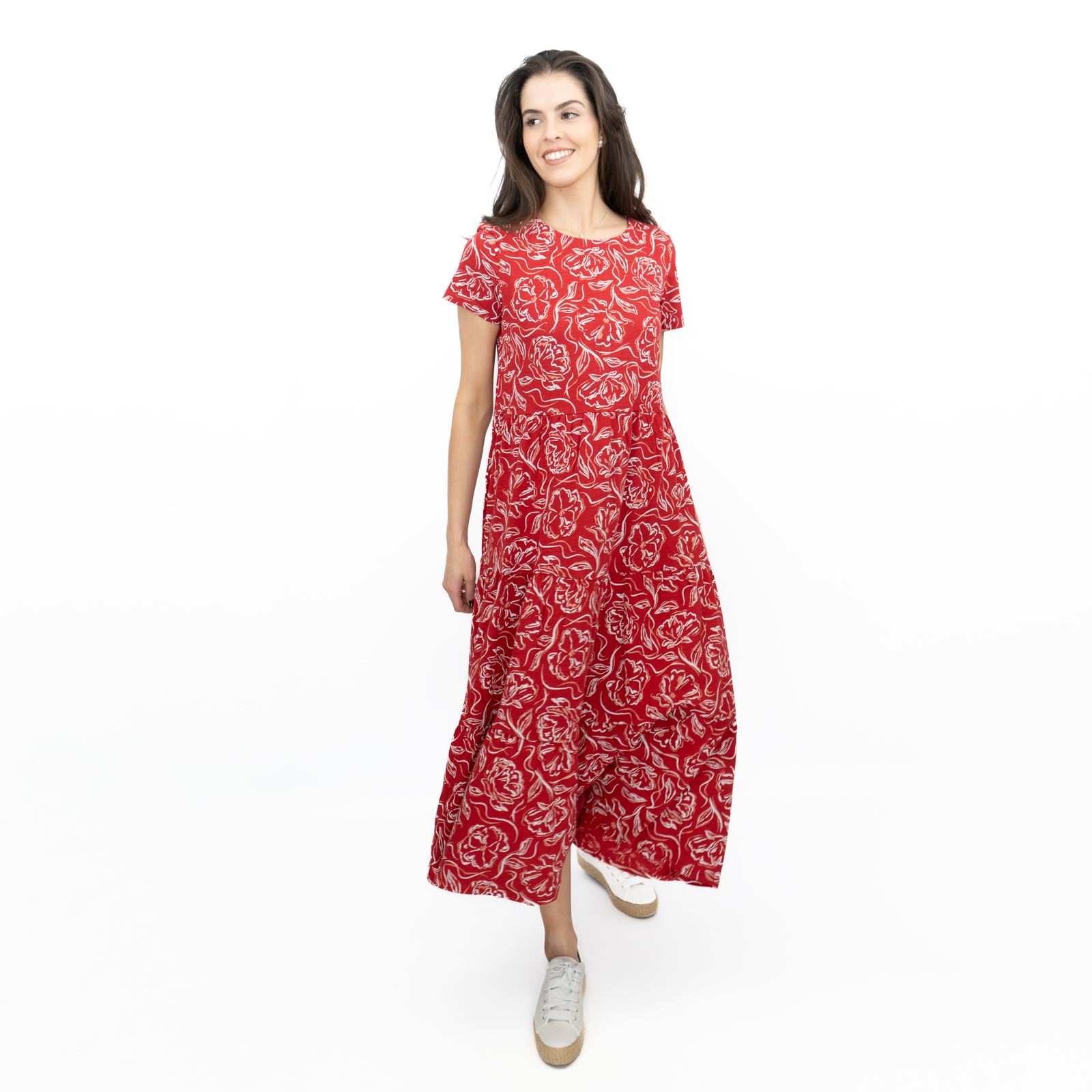 Womens Seasalt Red Floral Dress Line Strokes Midi Organic Cotton Short-Sleeve - Picture 21 of 29