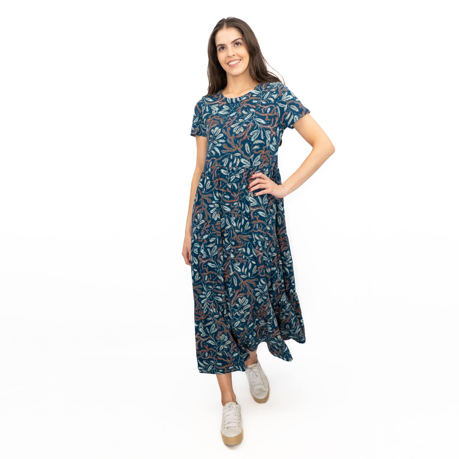 Womens Seasalt Teal Green Dress Line Strokes Floral Midi Cotton Short Sleeve - Picture 7 of 29
