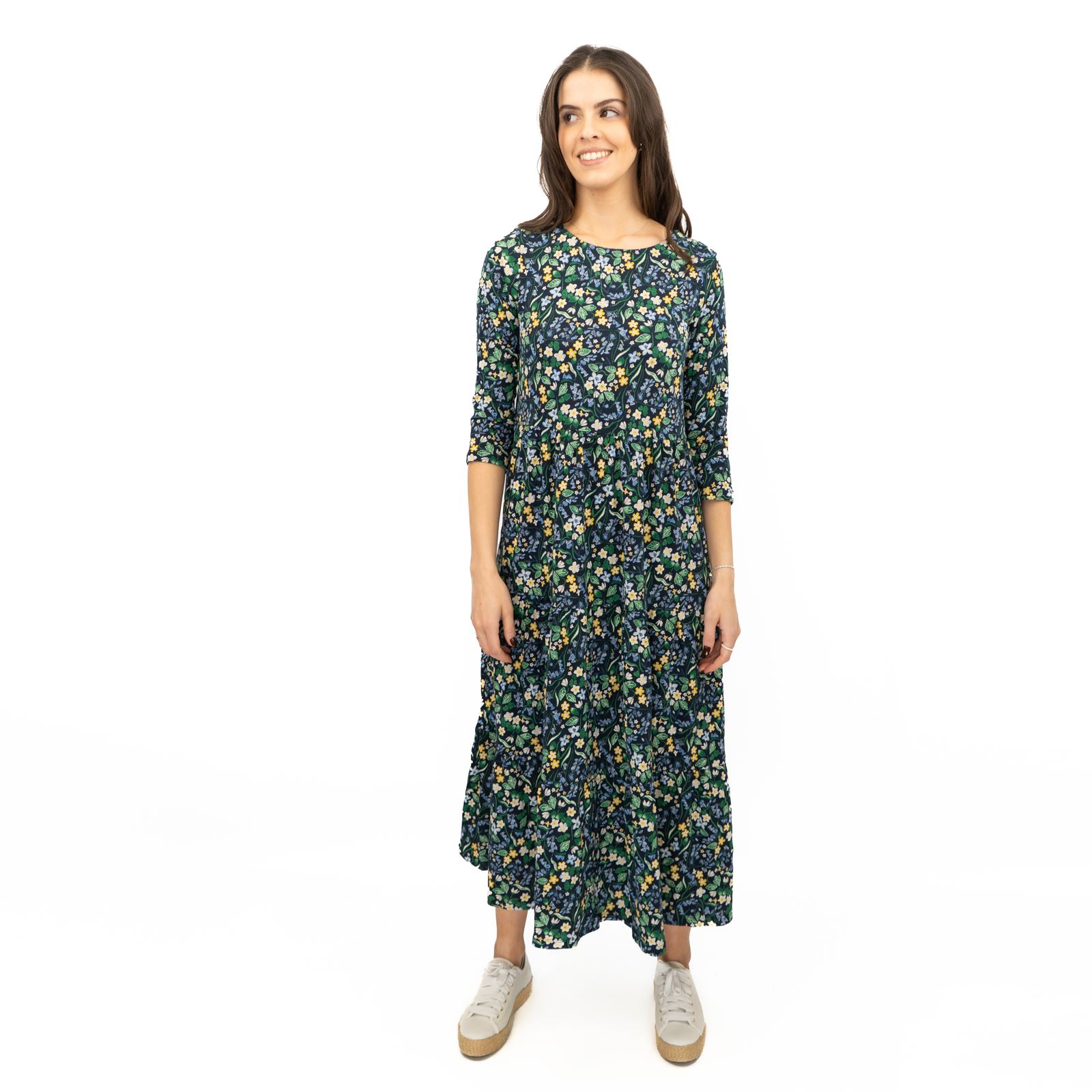 Womens Seasalt Navy Floral Dress Tiered Line Strokes Midi Short Sleeve - Picture 7 of 20