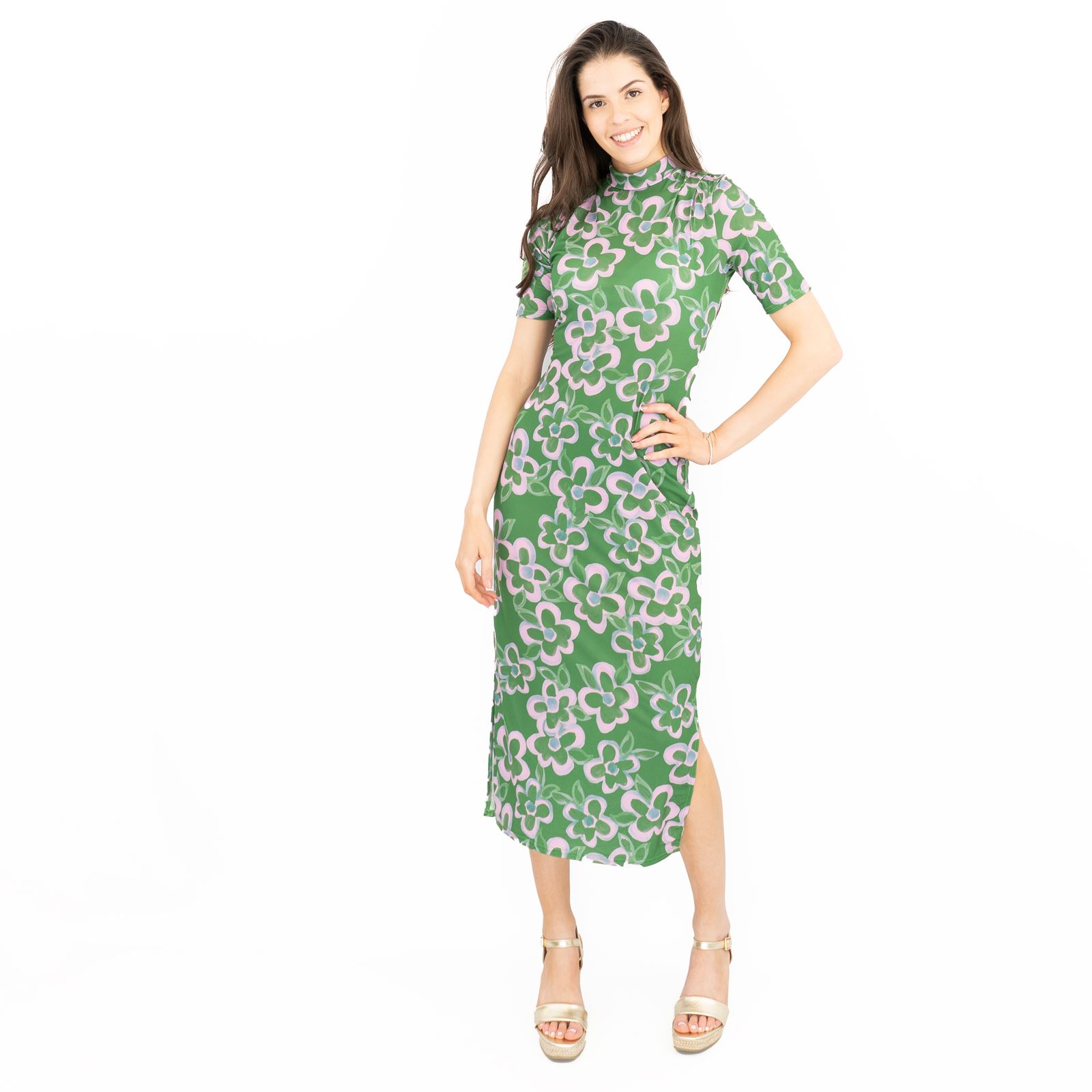 Nasty Gal Dress Floral Midi Green Short Sleeve A-Line Lightweight Summer  Holiday