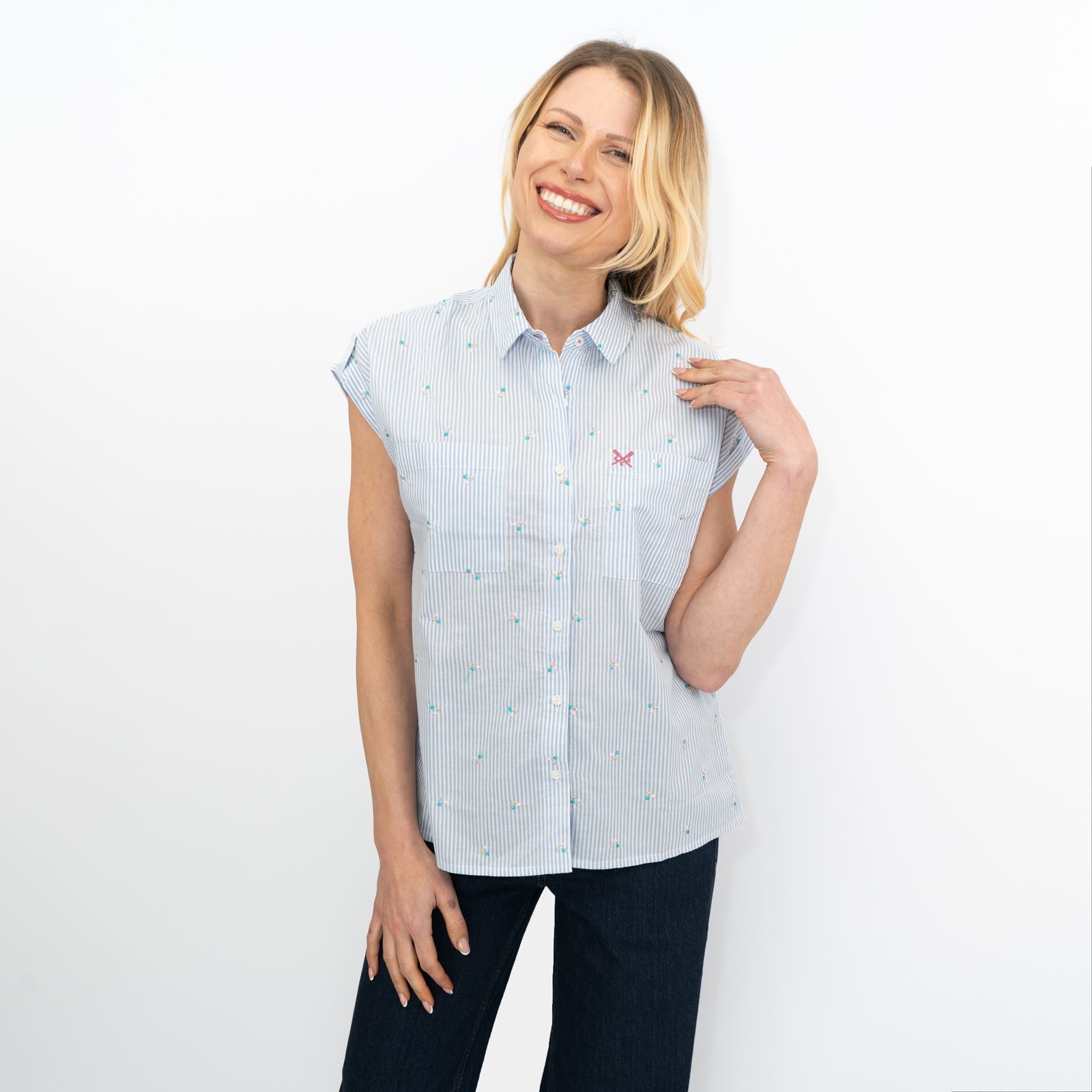 CREW CLOTHING Womens Striped Shirt Top Blouse Pink Blue Short Sleeve Embroidered - Picture 12 of 26