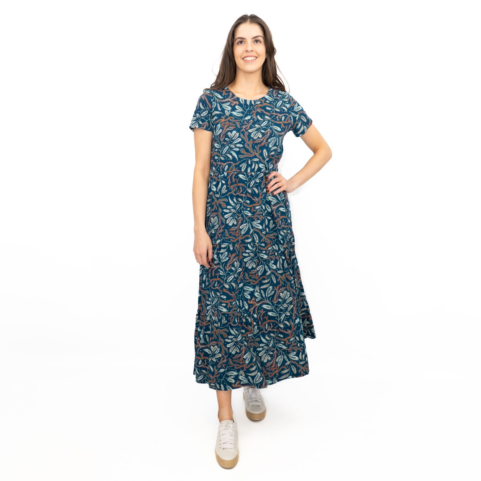 Womens Seasalt Teal Green Dress Line Strokes Floral Midi Cotton Short Sleeve - Picture 3 of 29