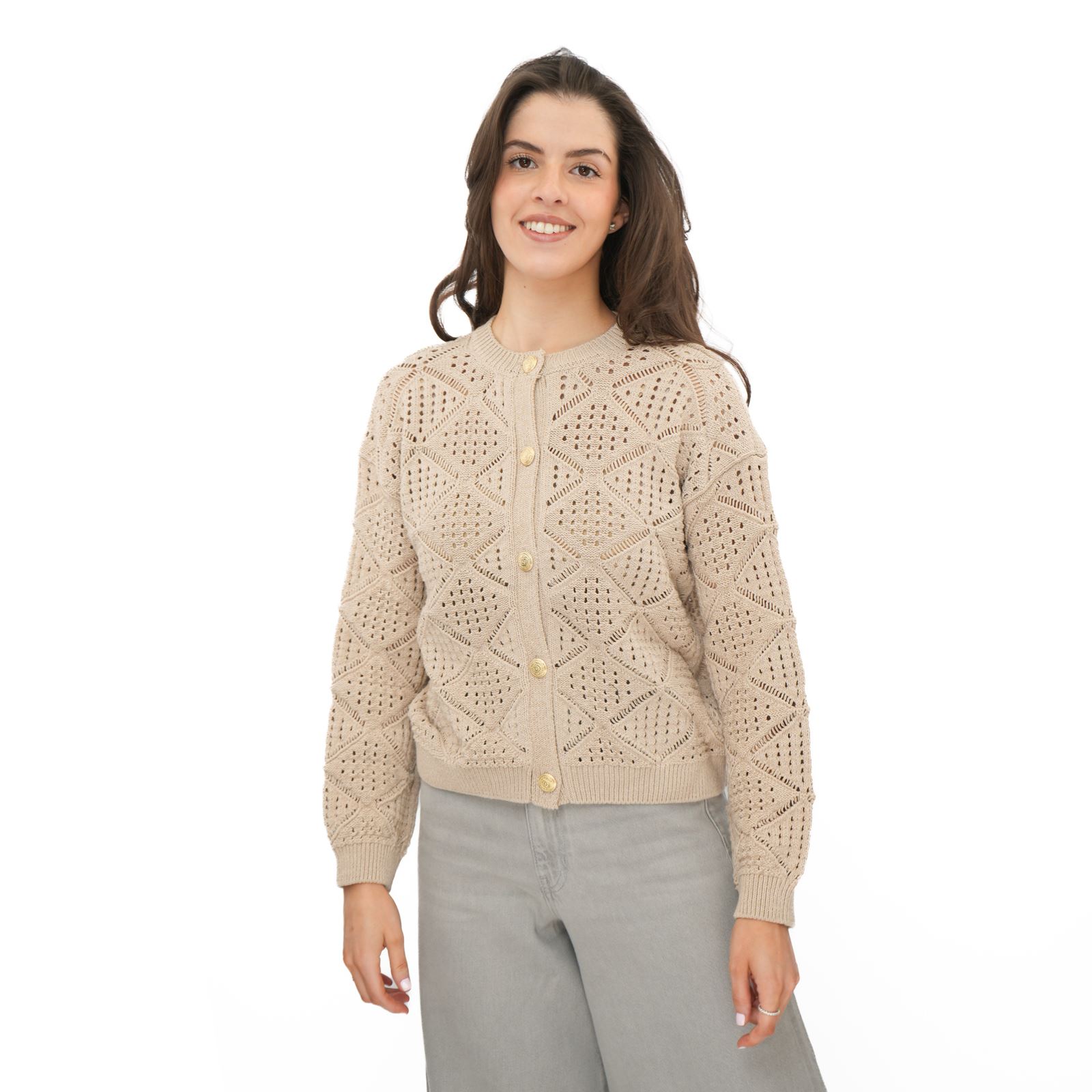 Womens M&S Pointelle Knitted Beige Cardgian Gold Button Up Cotton Blend Layering - Picture 5 of 13