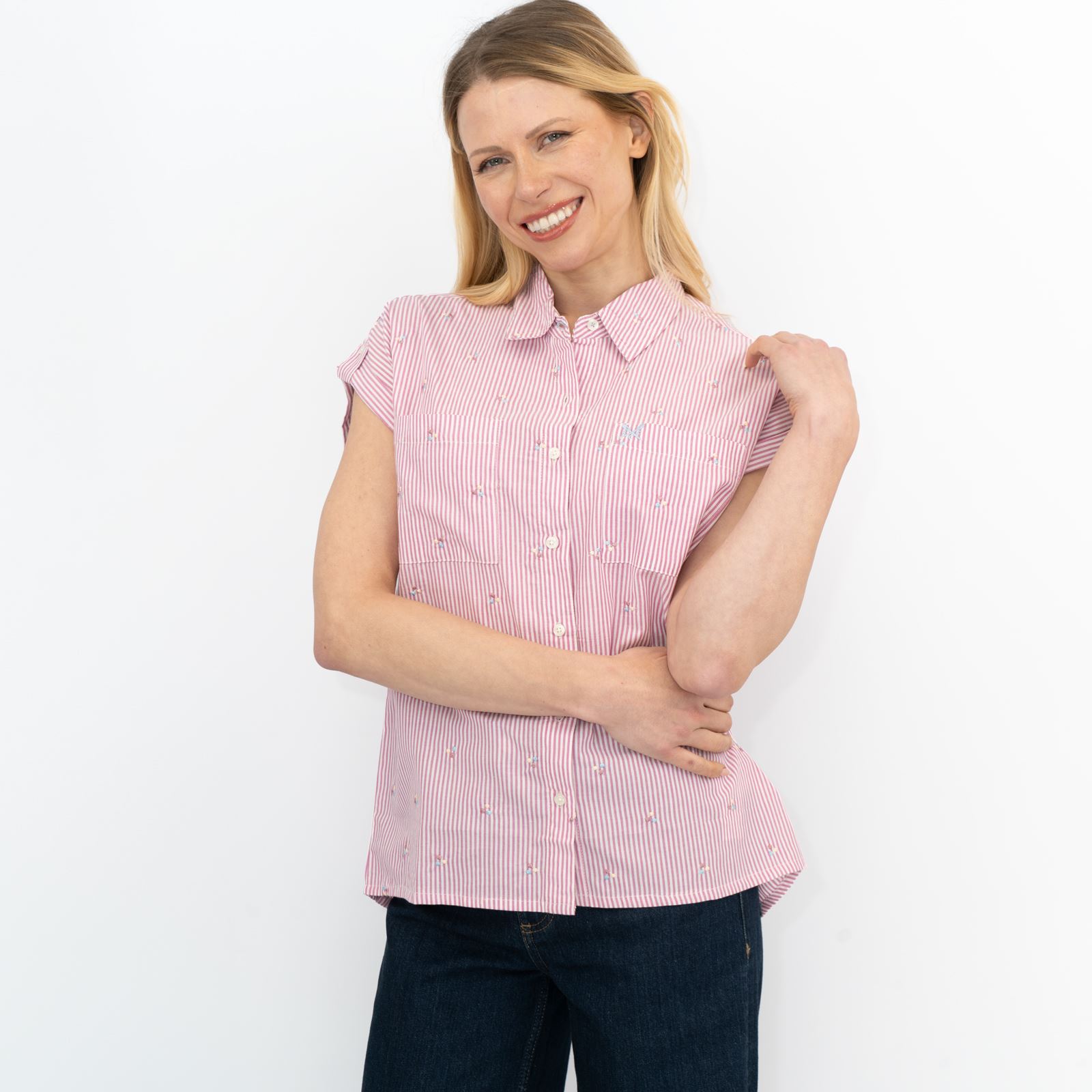 CREW CLOTHING Womens Striped Shirt Top Blouse Pink Blue Short Sleeve Embroidered - Picture 22 of 26