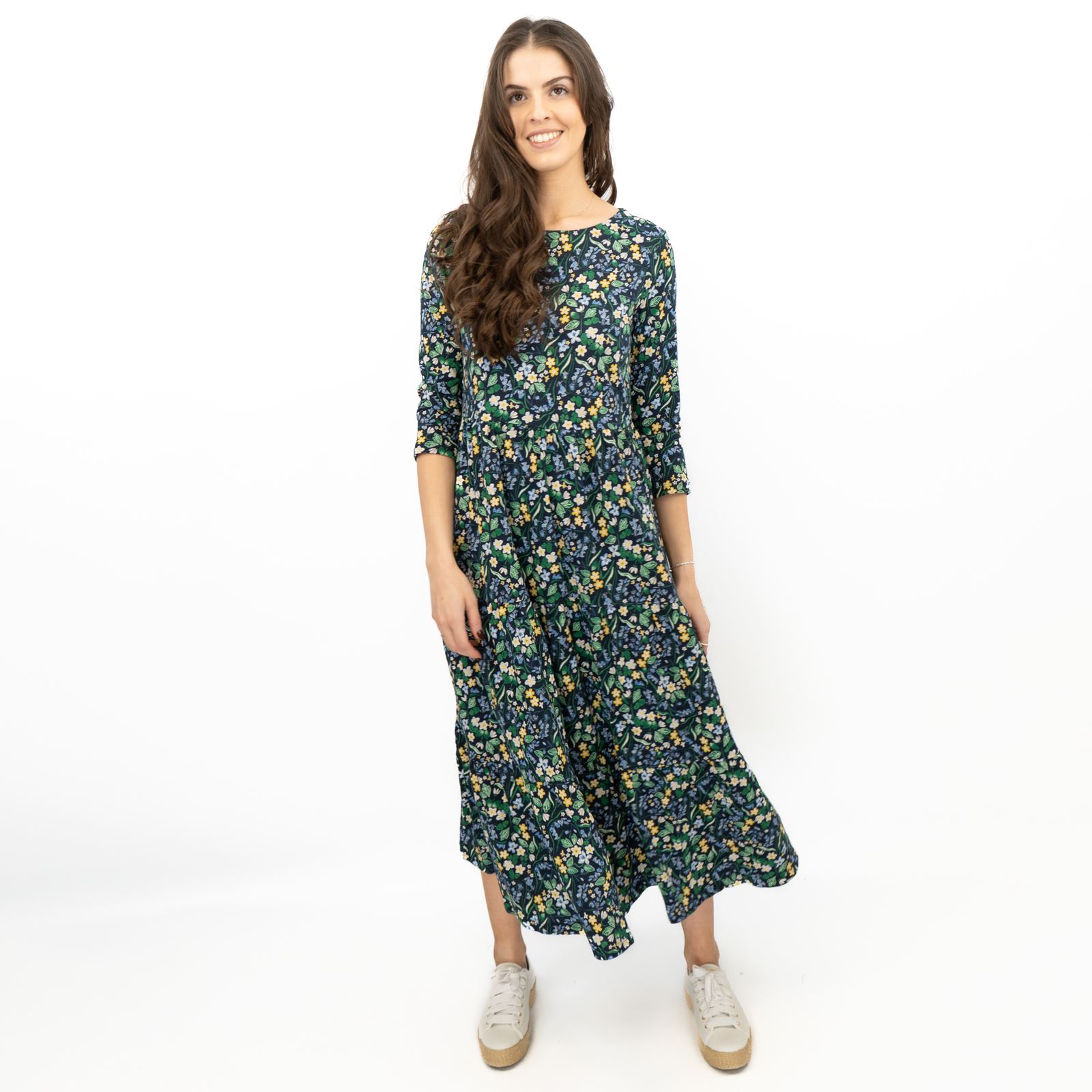 Womens Seasalt Navy Floral Dress Tiered Line Strokes Midi Short Sleeve - Picture 3 of 20