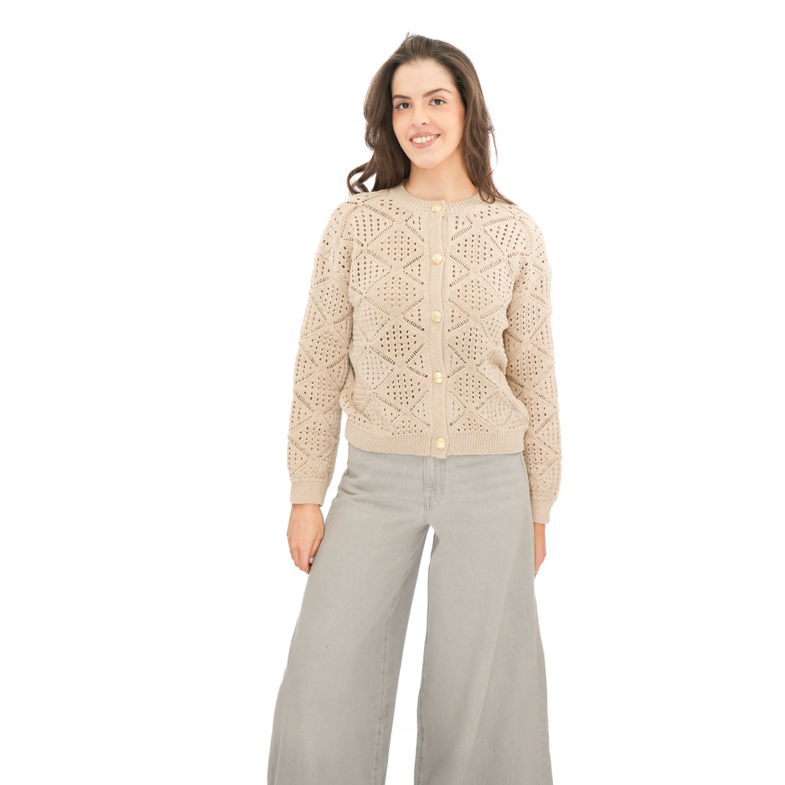 Womens M&S Pointelle Knitted Beige Cardgian Gold Button Up Cotton Blend Layering - Picture 12 of 13
