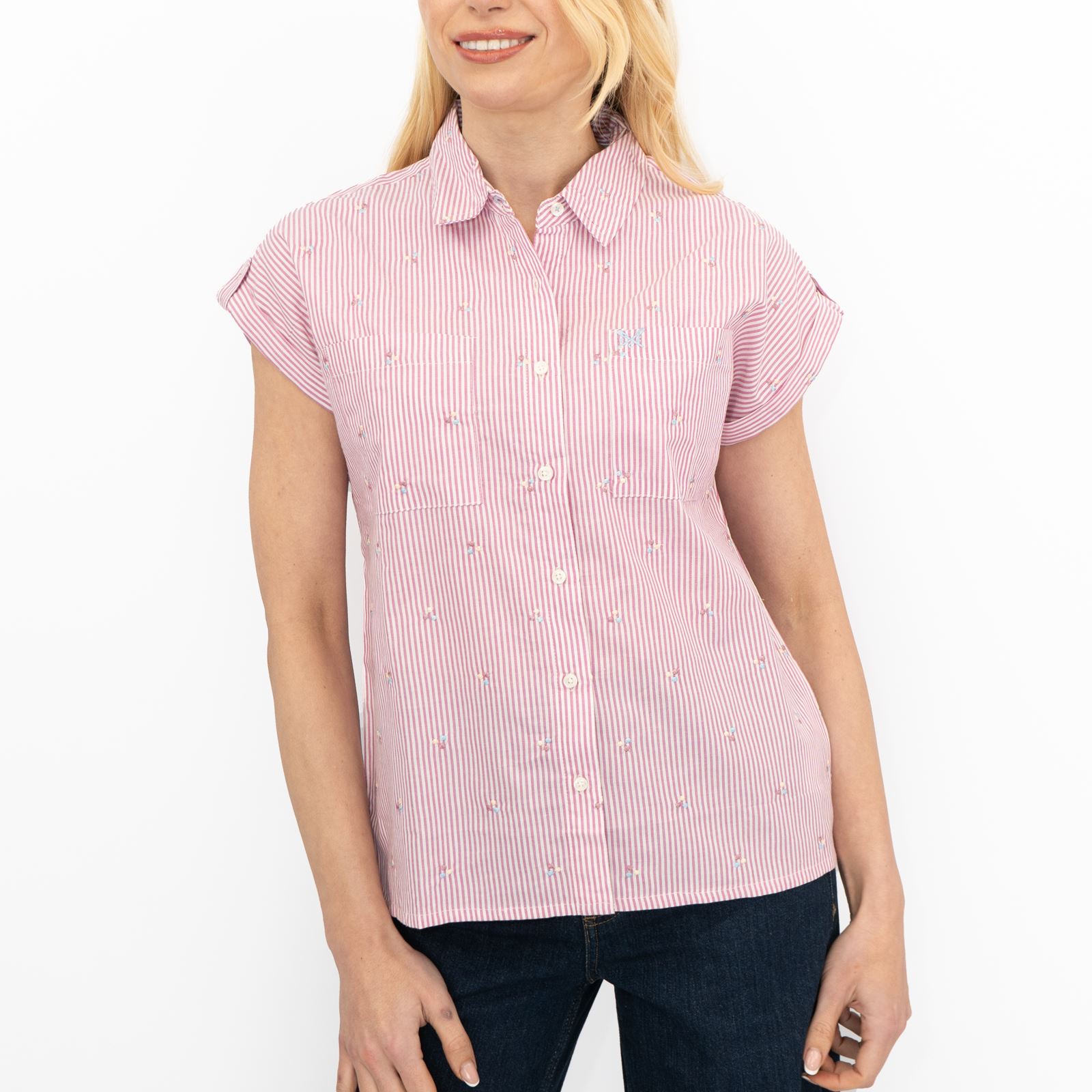 CREW CLOTHING Womens Striped Shirt Top Blouse Pink Blue Short Sleeve Embroidered - Picture 17 of 26