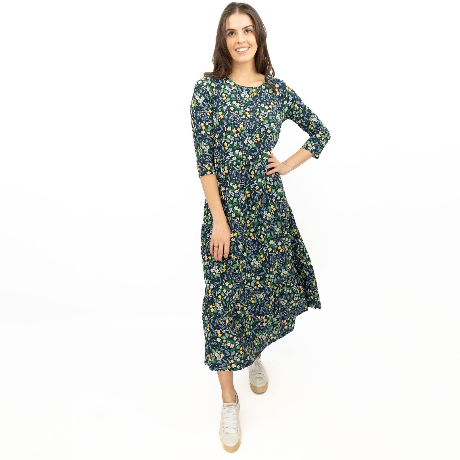 Womens Seasalt Navy Floral Dress Tiered Line Strokes Midi Short Sleeve - Picture 6 of 20