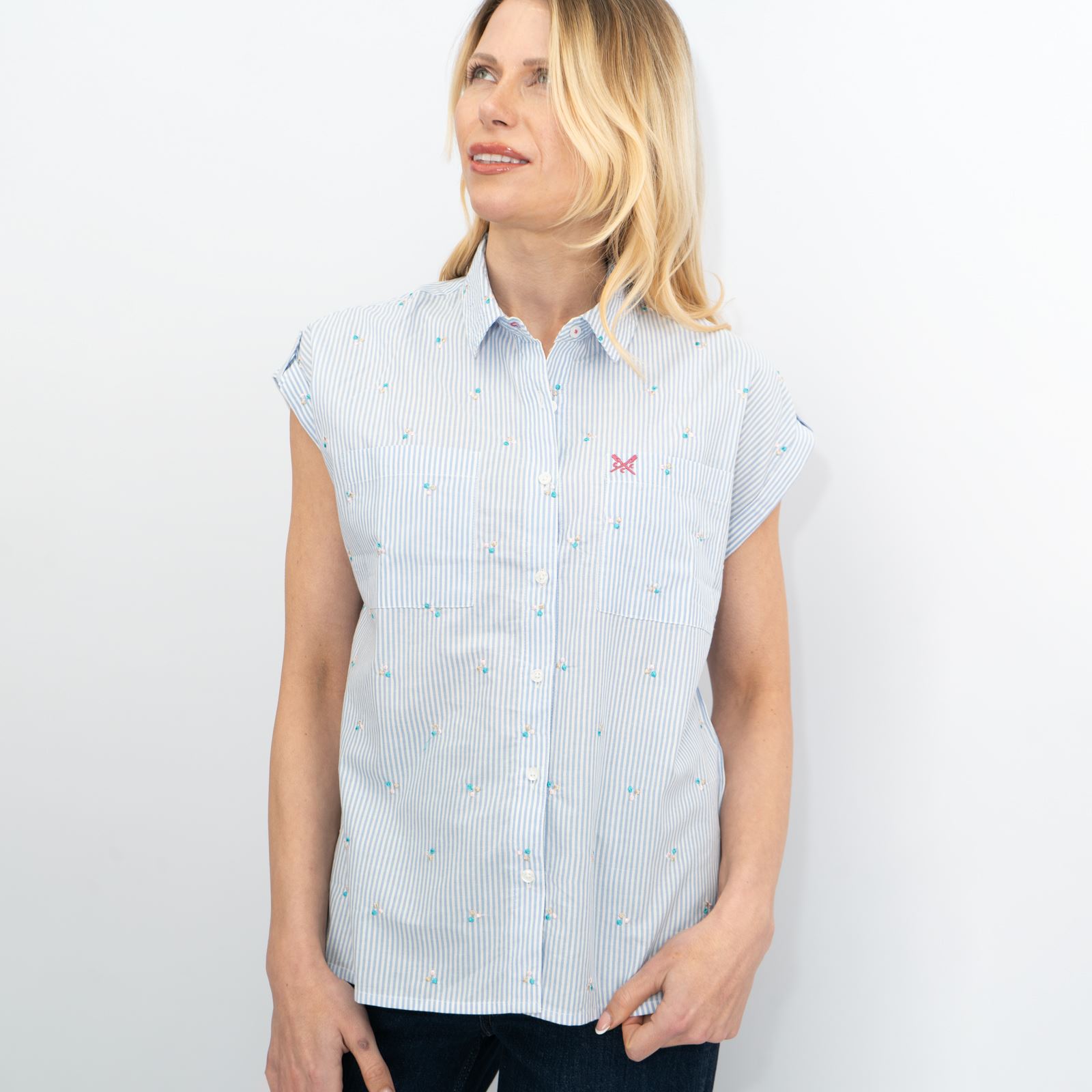 CREW CLOTHING Womens Striped Shirt Top Blouse Pink Blue Short Sleeve Embroidered - Picture 14 of 26