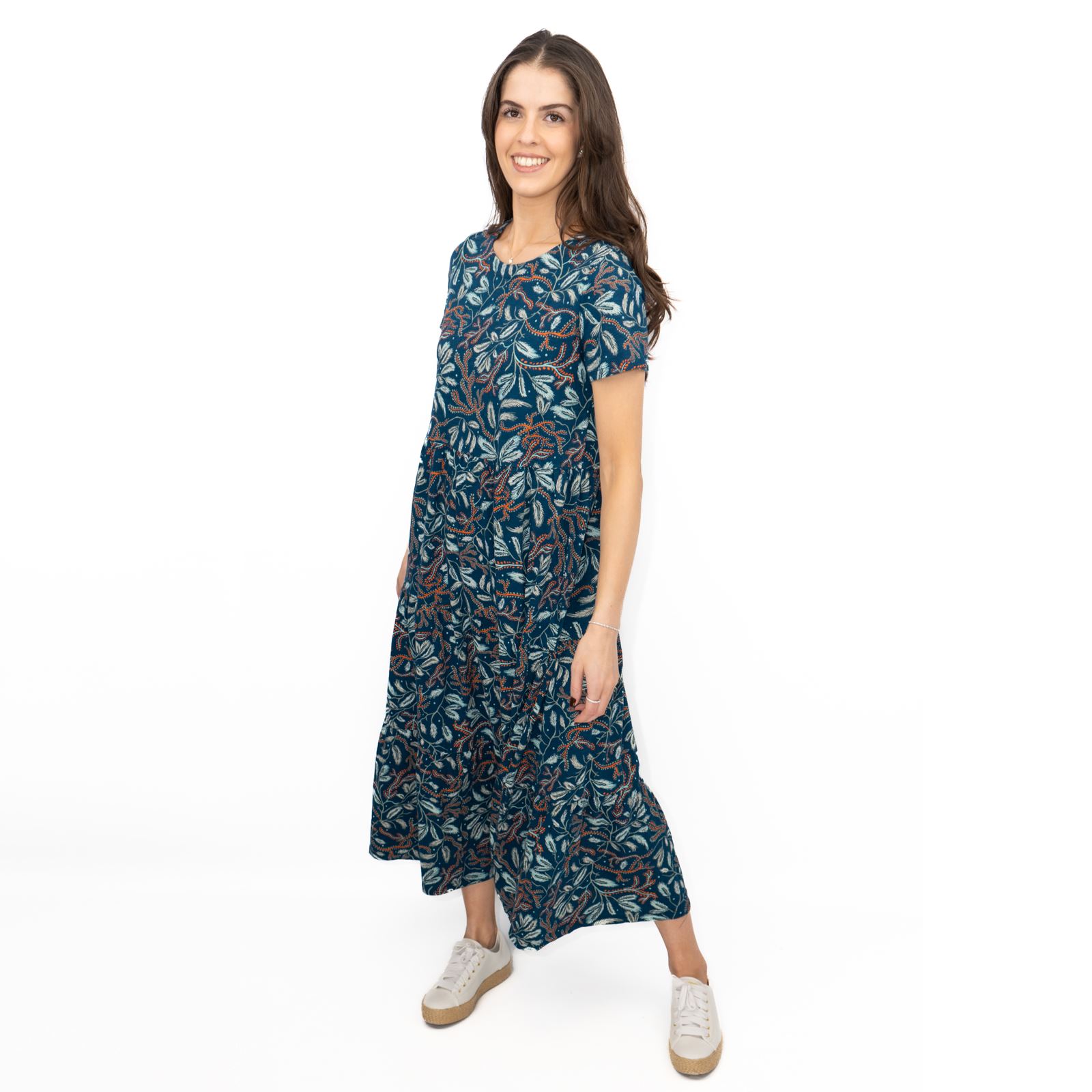 Womens Seasalt Teal Green Dress Line Strokes Floral Midi Cotton Short Sleeve - Picture 22 of 29