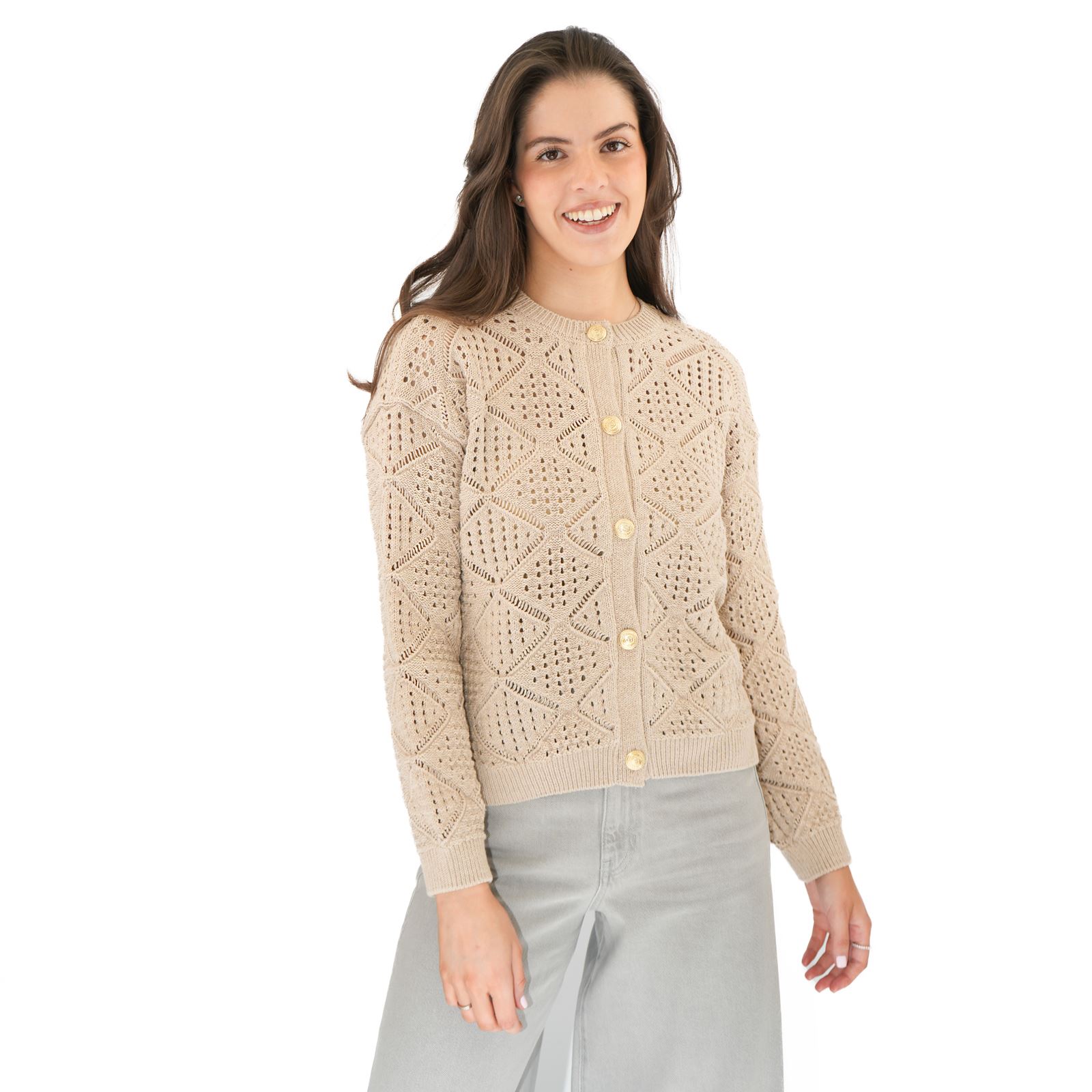 Womens M&S Pointelle Knitted Beige Cardgian Gold Button Up Cotton Blend Layering - Picture 8 of 13
