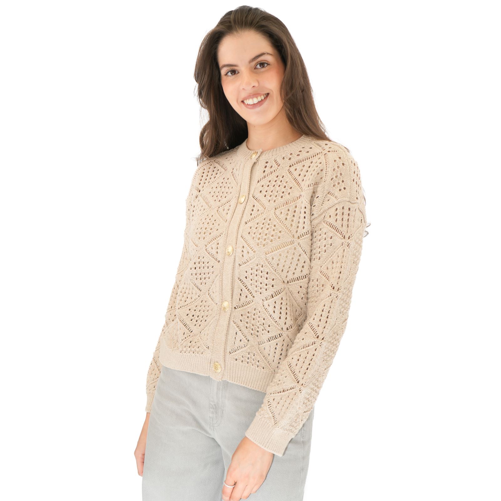 Womens M&S Pointelle Knitted Beige Cardgian Gold Button Up Cotton Blend Layering - Picture 10 of 13