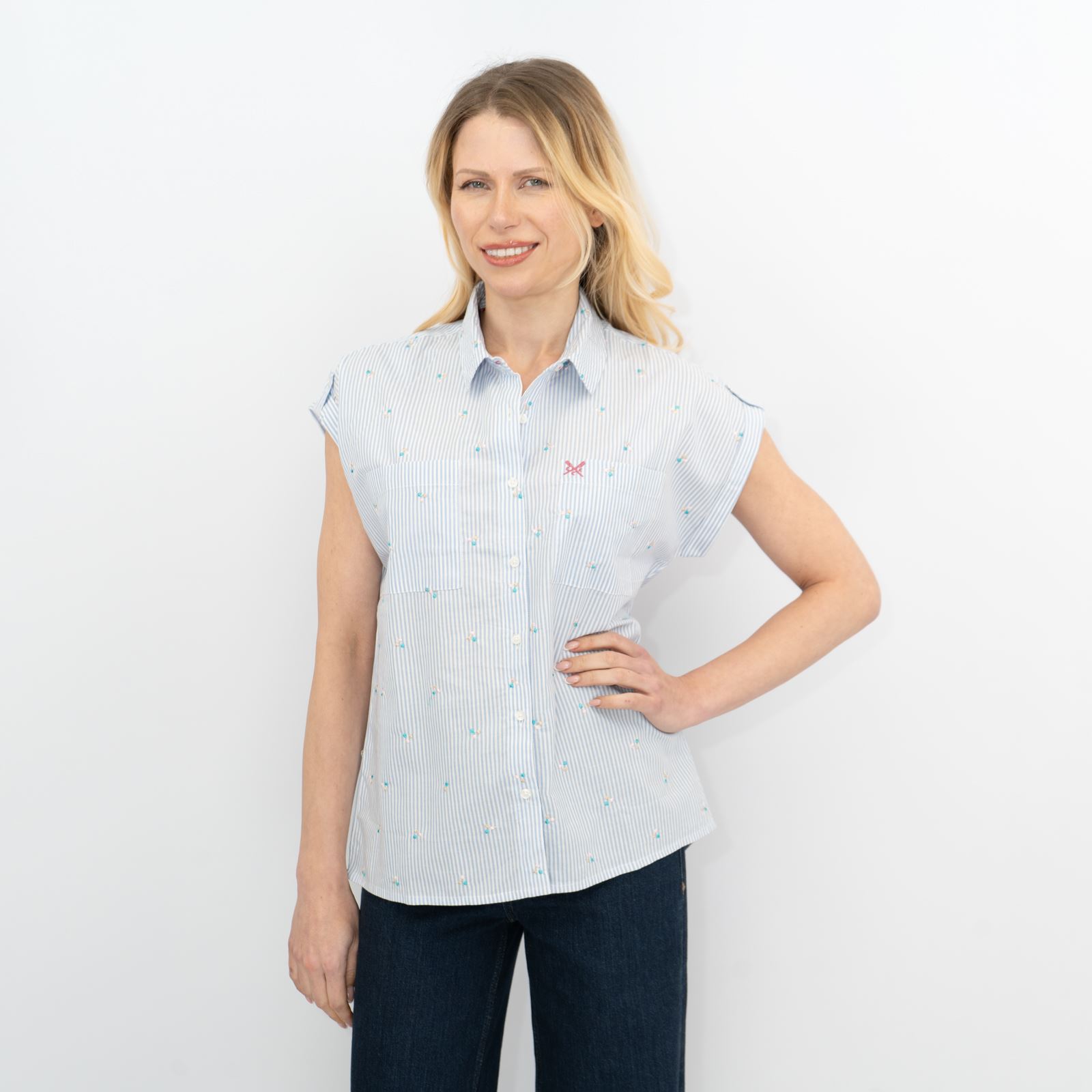 CREW CLOTHING Womens Striped Shirt Top Blouse Pink Blue Short Sleeve Embroidered - Picture 10 of 26