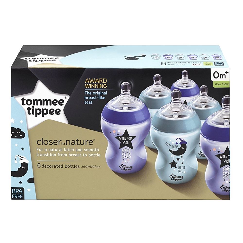 6 x Tommee Tippee Decorated Baby Bottles Closer to Nature 260ml Catch