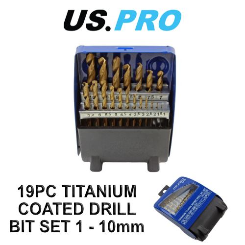 US PRO 19pc HSS Titanium Coated Metric Drill Bit Set 1-10mm 2410