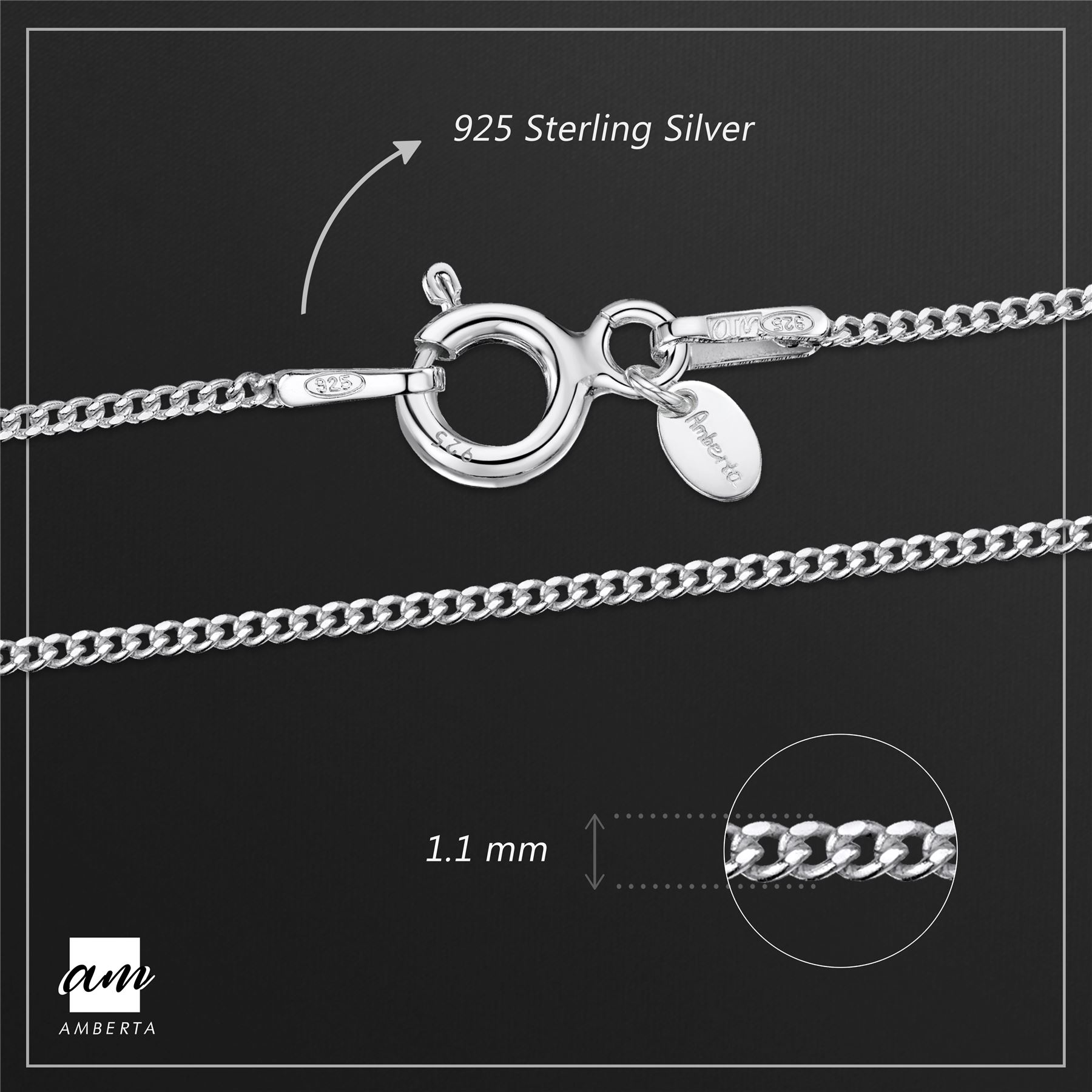 Amberta Jewelry Solid Real 925 Sterling Silver Chain Necklace Made in