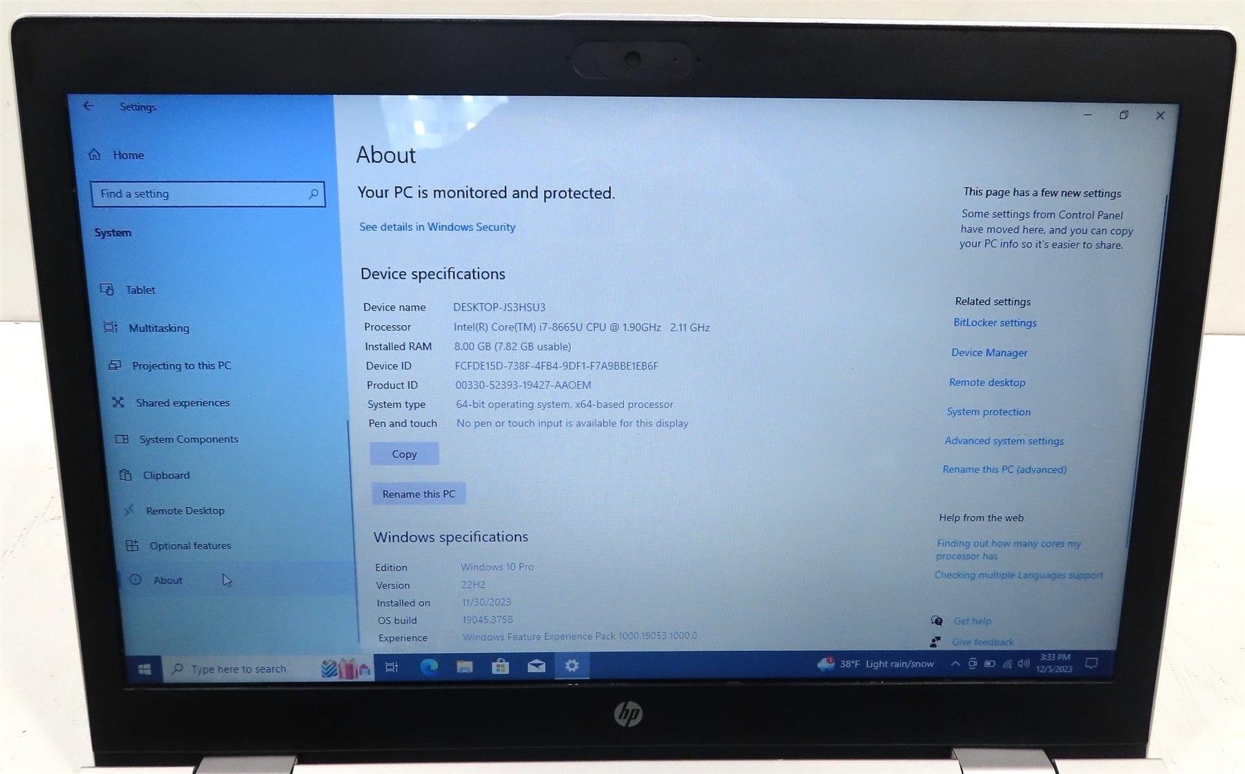 HP ProBook 650 G5 Core i7-8665U 1.9GHz 8GB 256GB Windows 10 Laptop