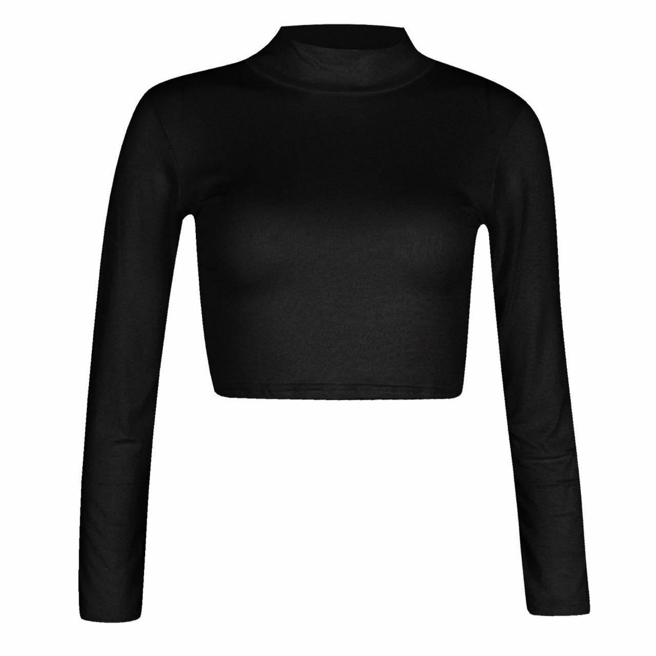 Women Polo Neck Long Sleeve Crop Top Ladies Party Wear Plain Stretch Shirt Top - Bild 14 von 26