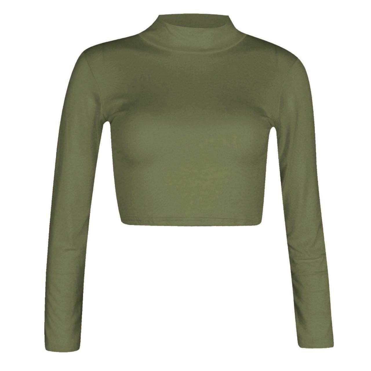 Women Polo Neck Long Sleeve Crop Top Ladies Party Wear Plain Stretch Shirt Top - Bild 23 von 26