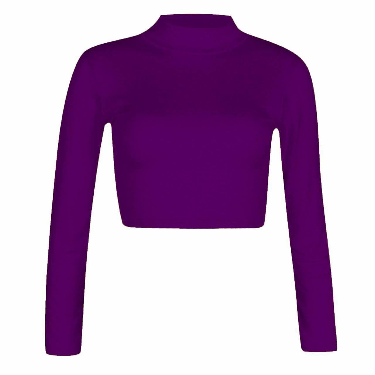 Women Polo Neck Long Sleeve Crop Top Ladies Party Wear Plain Stretch Shirt Top - Bild 17 von 26